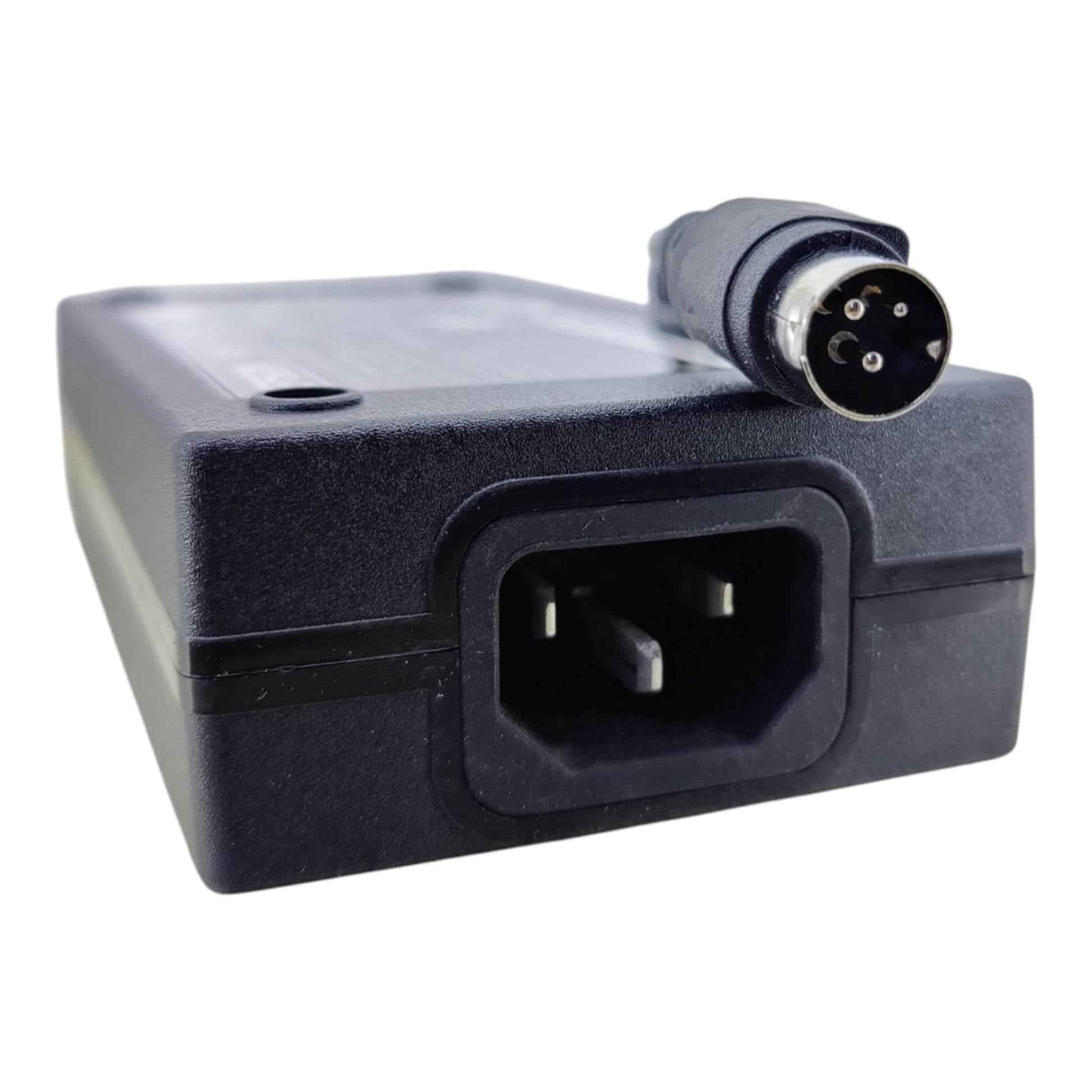 A close-up view of the Epson PS-190 adapter's 3-pin mini-DIN output connector and the 3-prong IEC C14 power input socket.