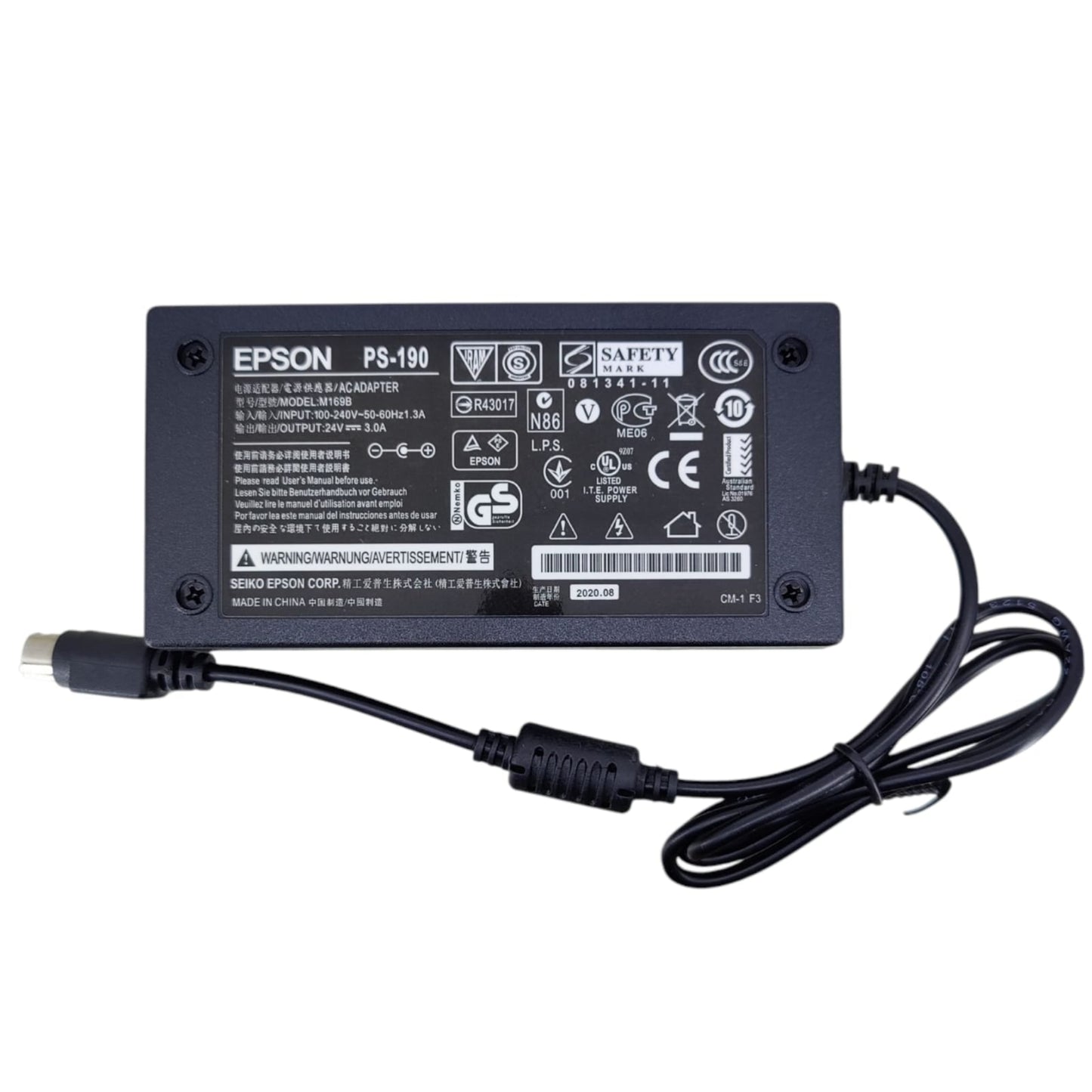 Close-up of the label on an Epson PS-190 M169B power adapter, showing 24V 3.0A output specifications.