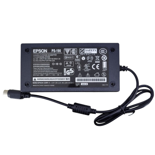 Close-up of the label on an Epson PS-190 M169B power adapter, showing 24V 3.0A output specifications.