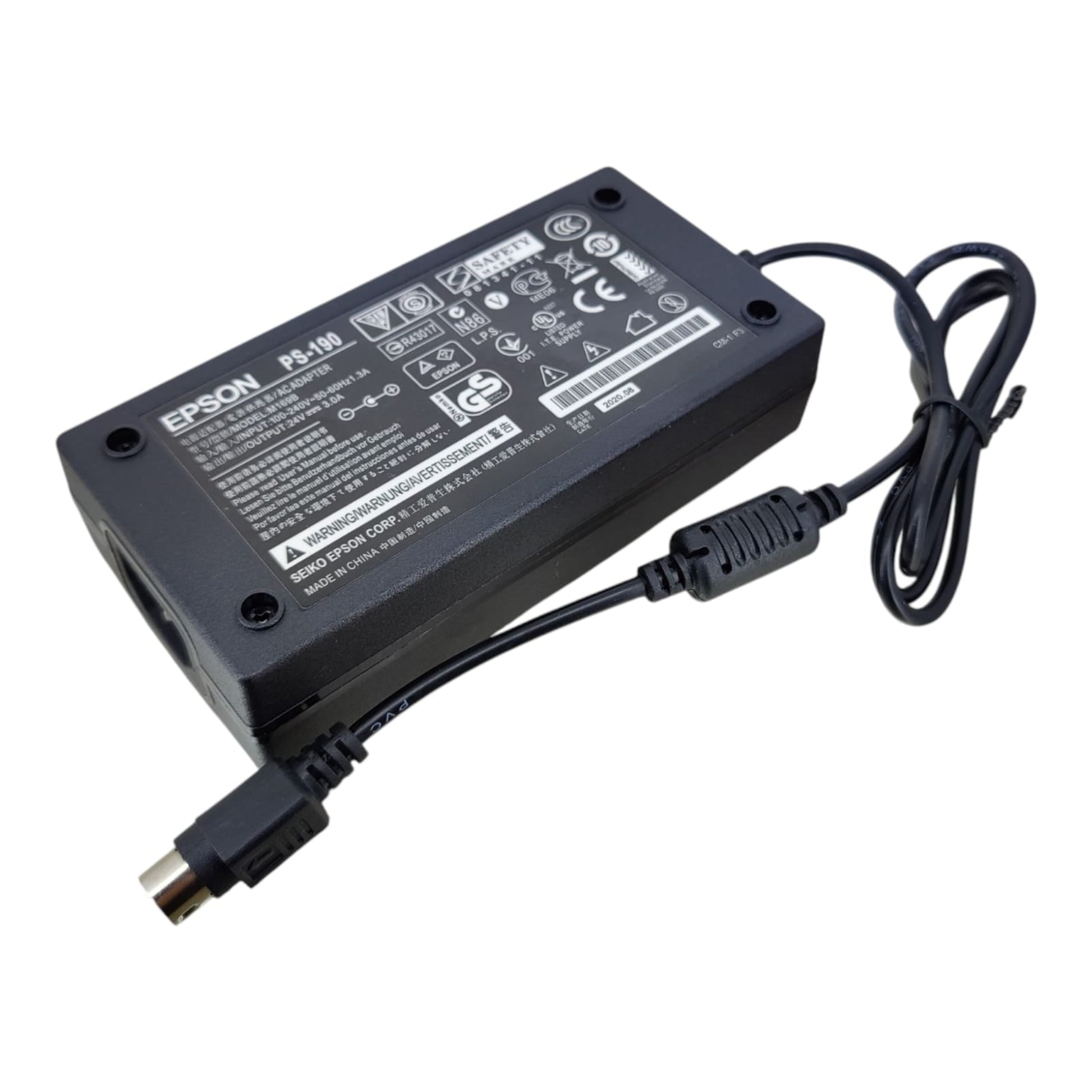 Top-down view of the genuine Epson PS-190 AC adapter label, showing model number and safety certifications.