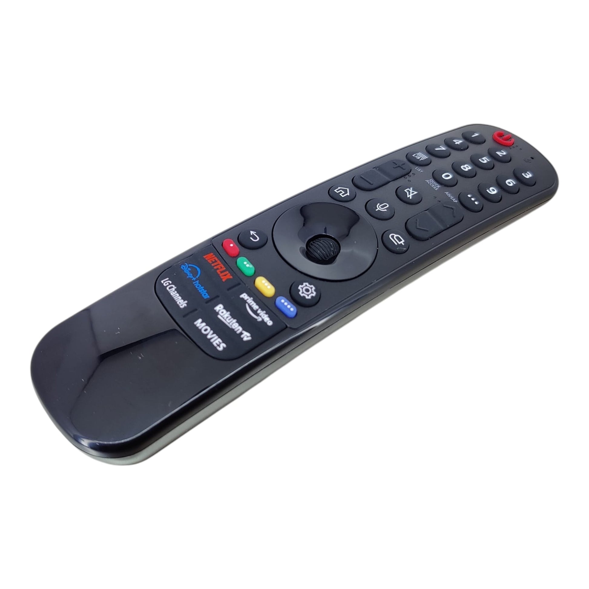 Angled view of the glossy black LG Smart TV replacement remote control.
