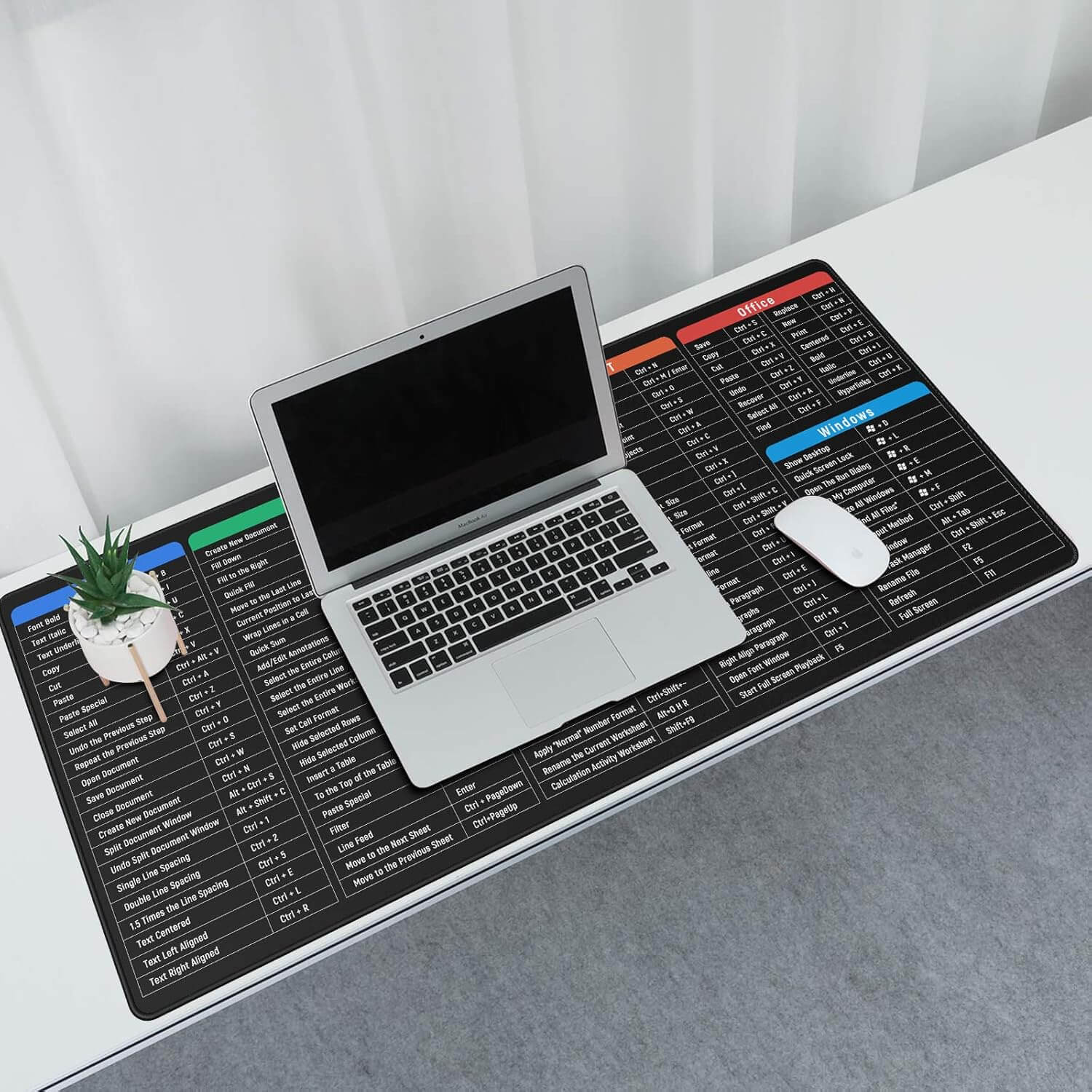 Office shortcut key mouse pad on a desk with a laptop and mouse, featuring productivity commands for Microsoft Office.