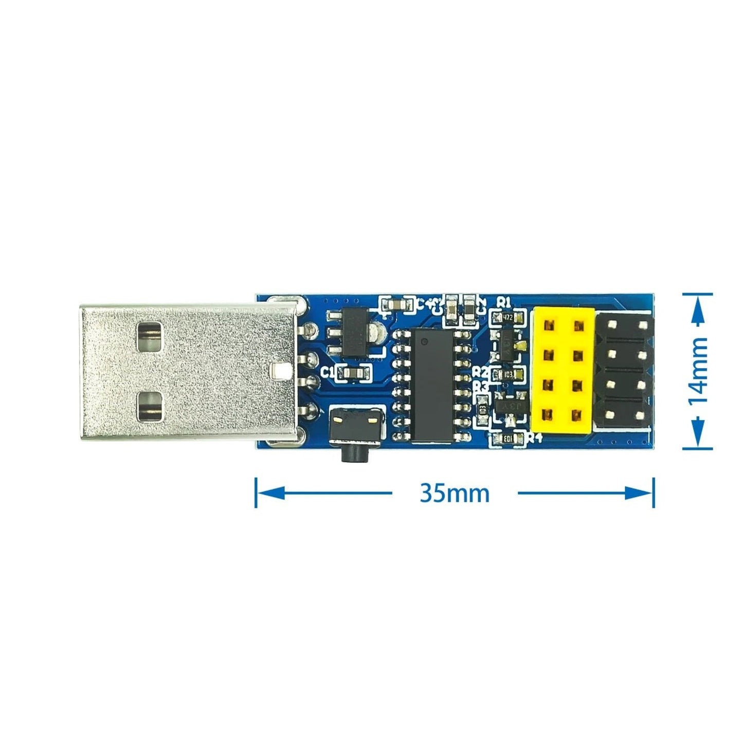 ESP LINK V1.0 CH340C USB to ESP8266 ESP-01S downloader with dimensions, ideal for firmware upgrades and program downloading.