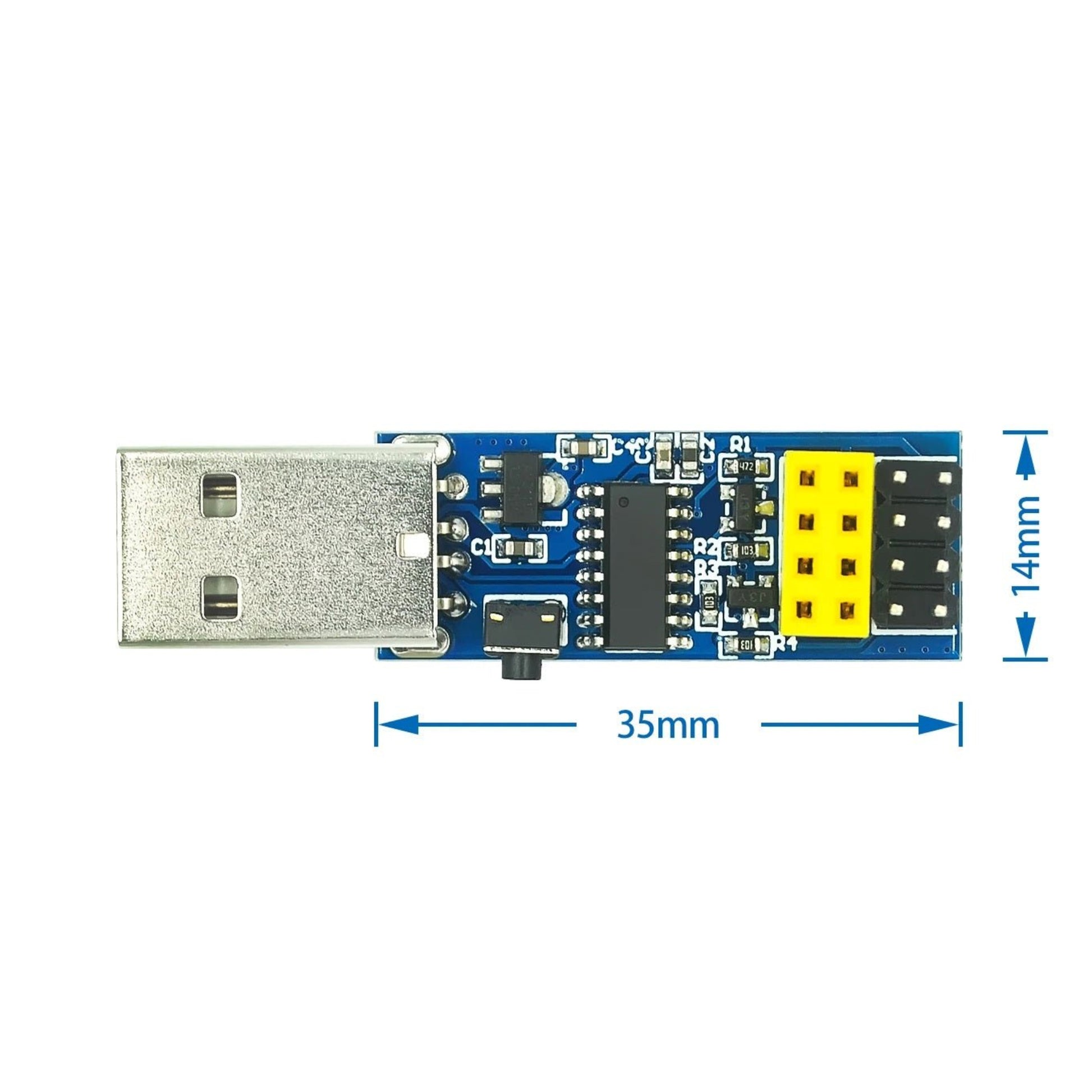 ESP LINK V1.0 CH340C USB to ESP8266 ESP-01S downloader with dimensions, ideal for firmware upgrades and program downloading.