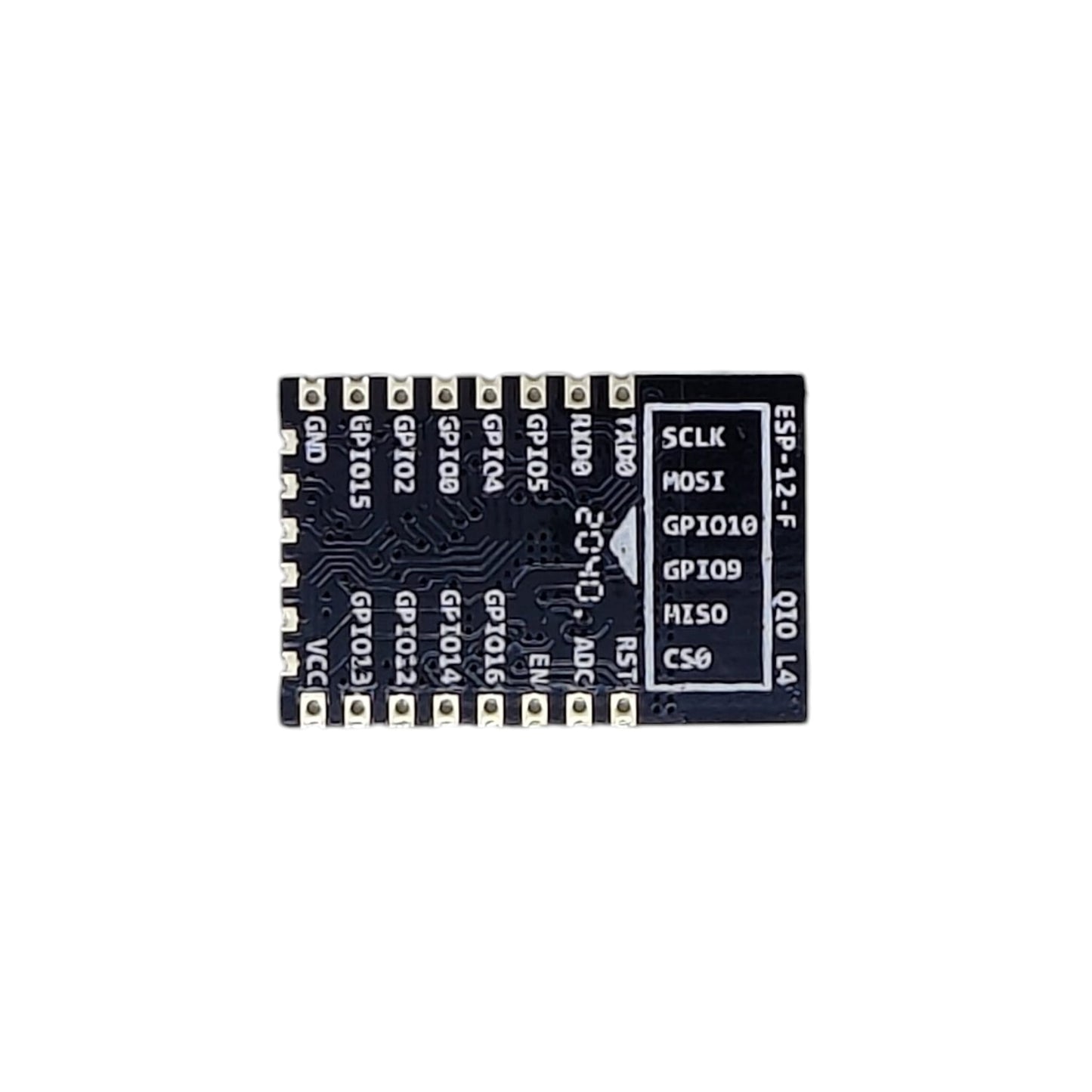 Back view of the ESP-12F module displaying GPIO, TX, RX, and power pinouts.