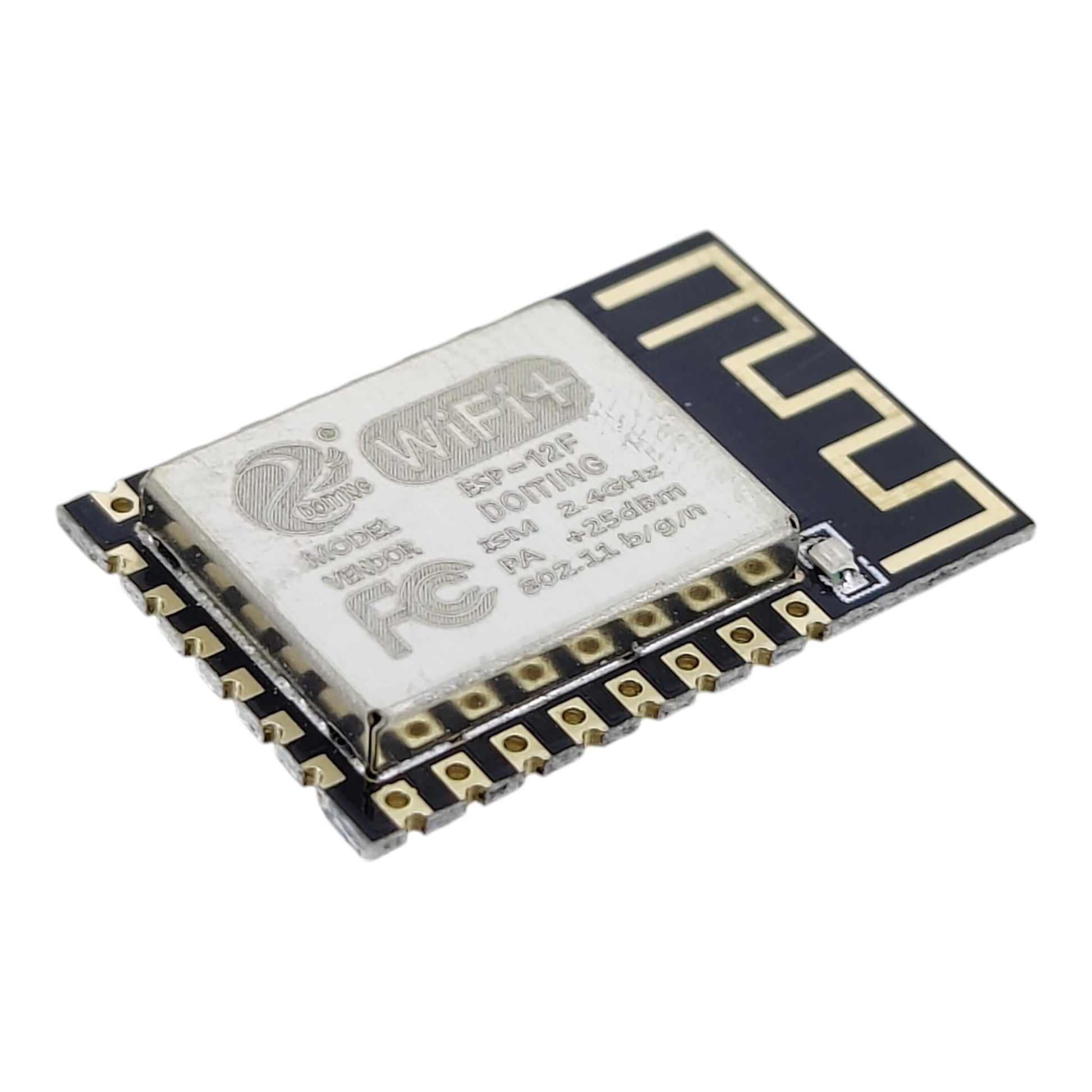 ESP-12F wireless chip highlighting its ultra-compact 2.4cm x 1.7cm dimensions.
