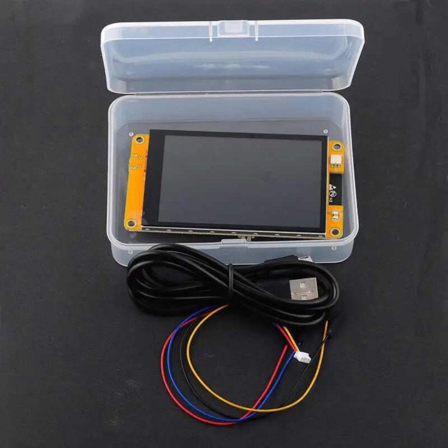 2.8-inch ESP32 Smart Display Module, cable, and accessories packaged in a clear plastic box.