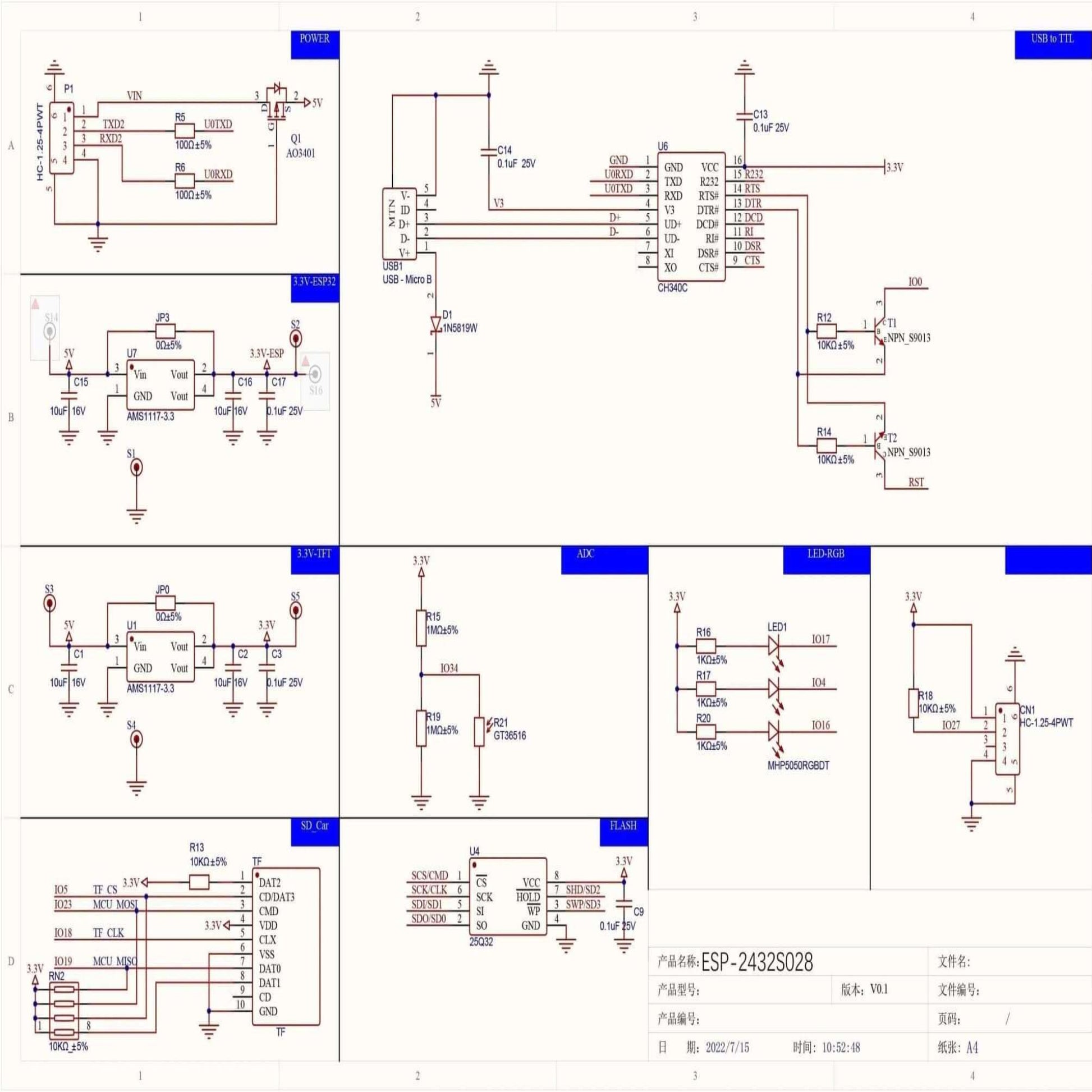 Schematic diagram for the ESP32-2432S028R 2.8-inch display development board.