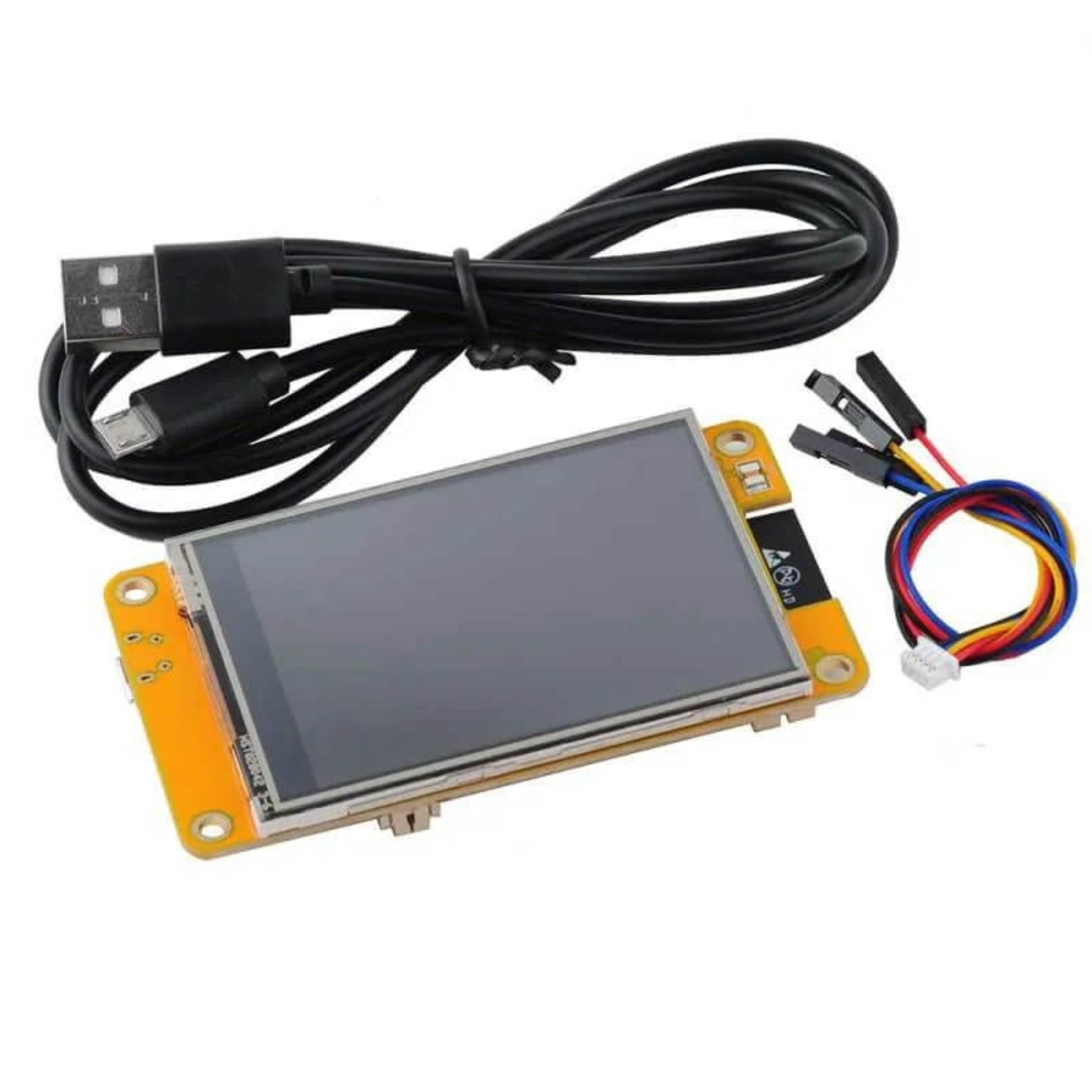 ESP32-2432S028R development board with 2.8-inch 240x320 touch screen, USB cable, and accessories for Arduino/LVGL.