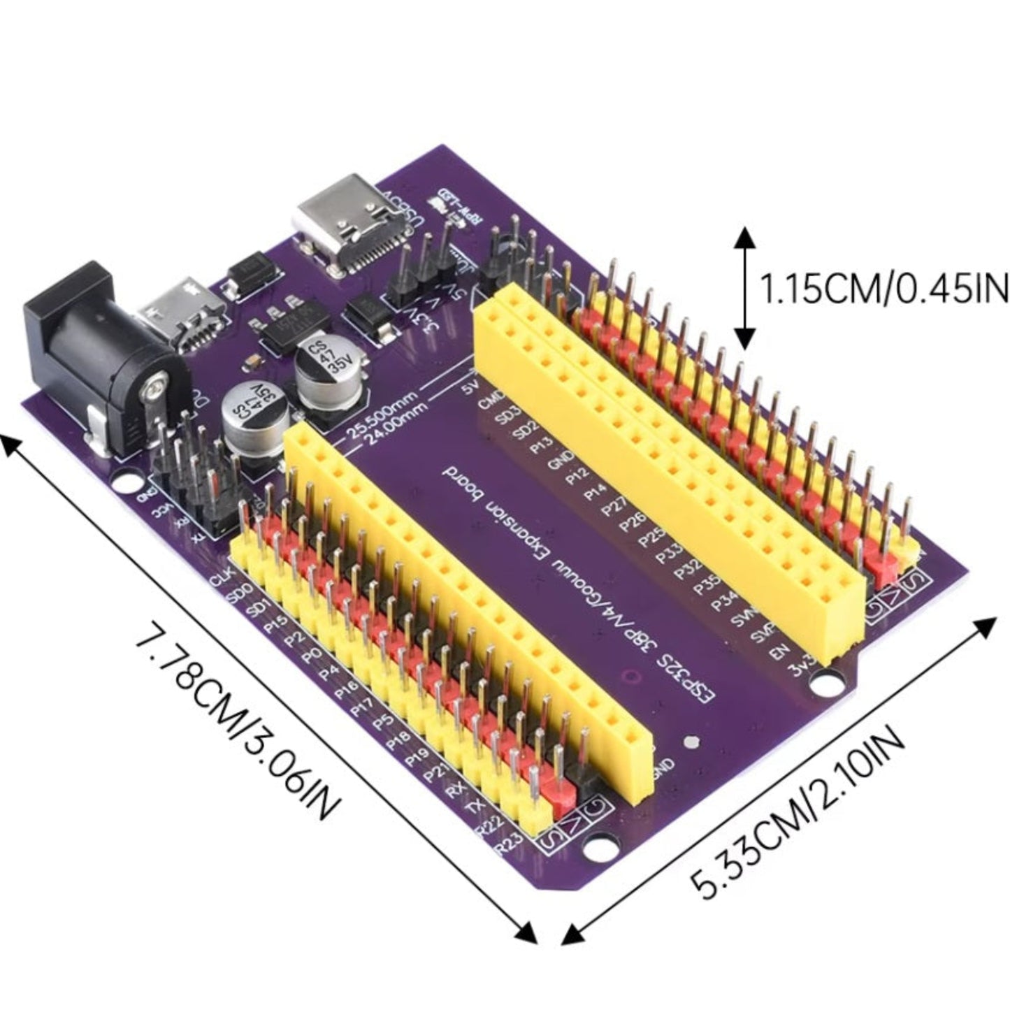 標示了精確尺寸 (7.78cm x 5.33cm) 的 ESP32 38-pin 擴充板，方便評估專案空間。