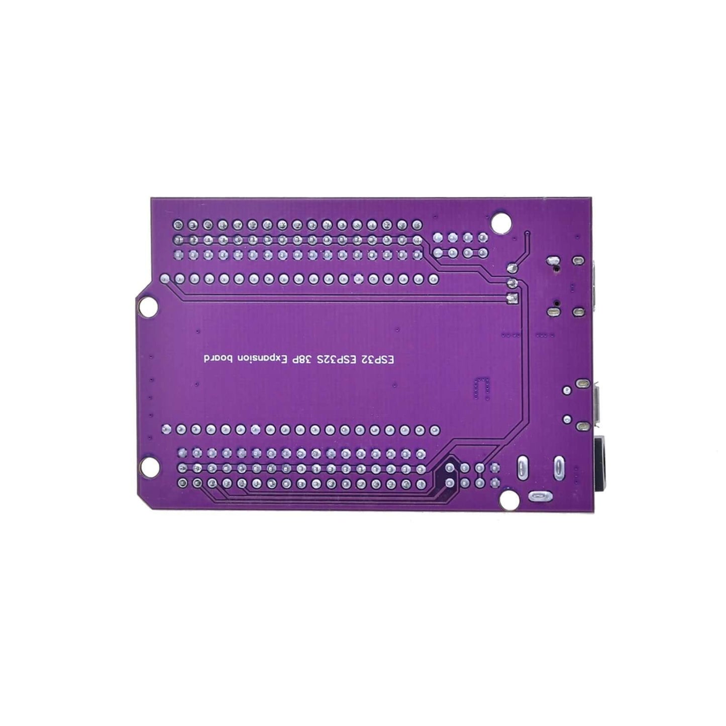 Back view of a purple 38-pin ESP32 DevKitC expansion board (Model ESP32S) showing traces and mounting holes.