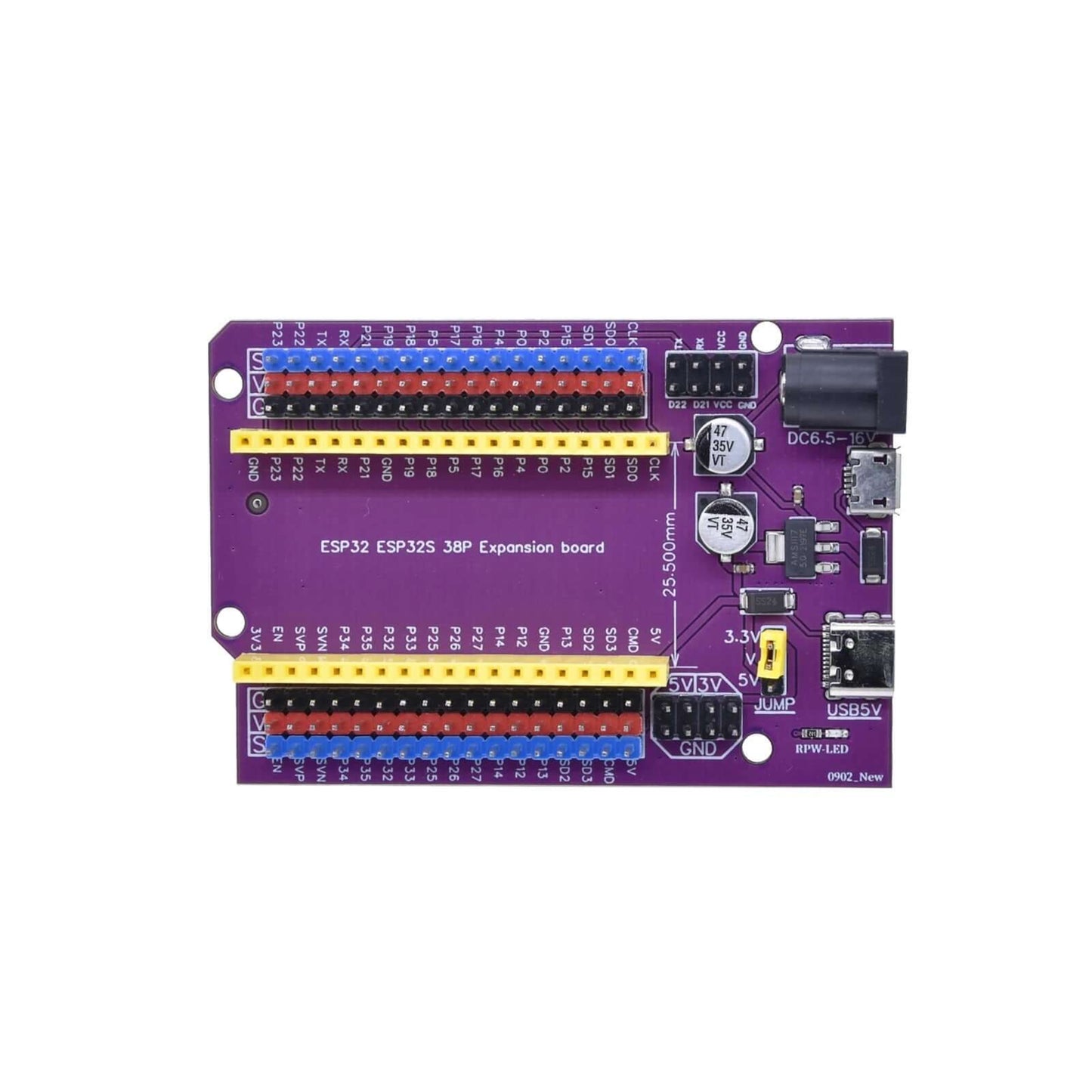 ESP32 38-pin DevKitC expansion board with dual-row headers, 5V/3.3V power rails, DC jack (6.5-16V), and USB-C/Micro USB power options.