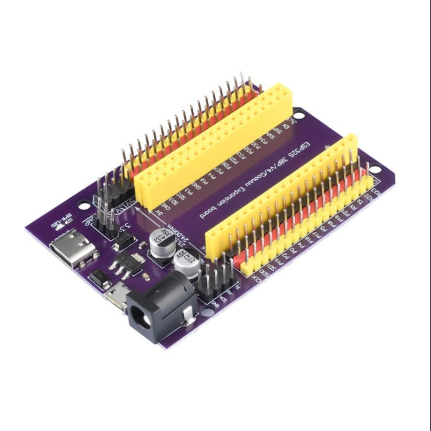 An ESP8266 WiFi-N-RED development board with a purple PCB, yellow and red header pins, a black power jack, and a USB-C port, shown on a white background.