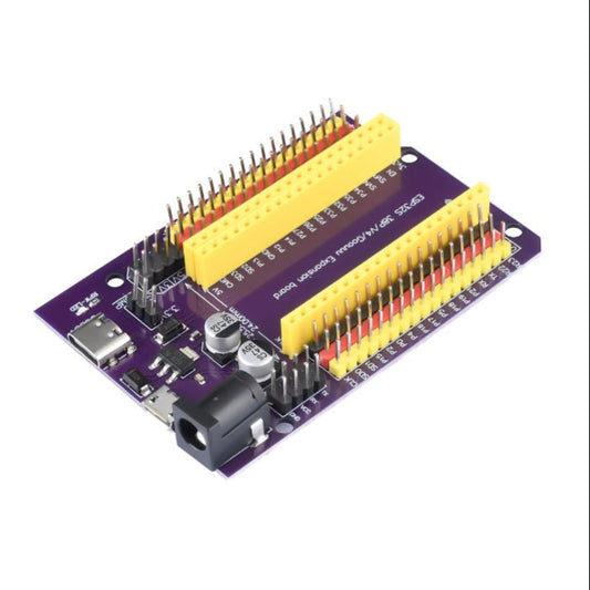 An ESP8266 WiFi-N-RED development board with a purple PCB, yellow and red header pins, a black power jack, and a USB-C port, shown on a white background.
