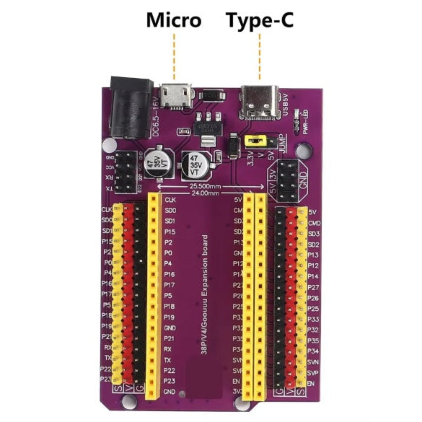 紫色 ESP32 38-pin 電源擴展板正面圖，清晰顯示 Type-C、Micro USB 及 DC 火牛輸入接口。