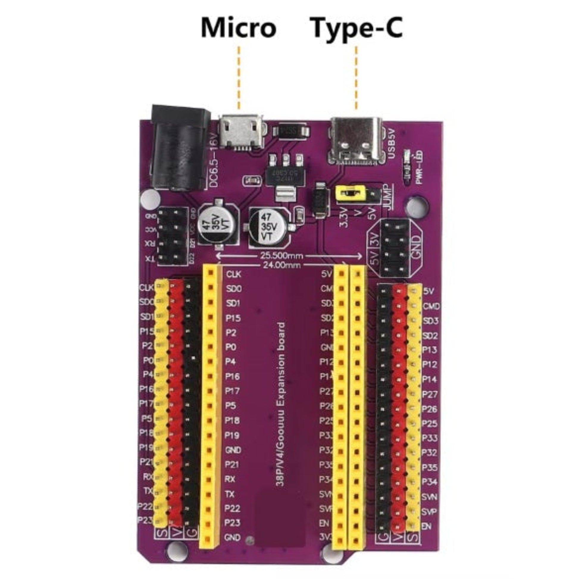 紫色 ESP32 38-pin 電源擴展板正面圖，清晰顯示 Type-C、Micro USB 及 DC 火牛輸入接口。