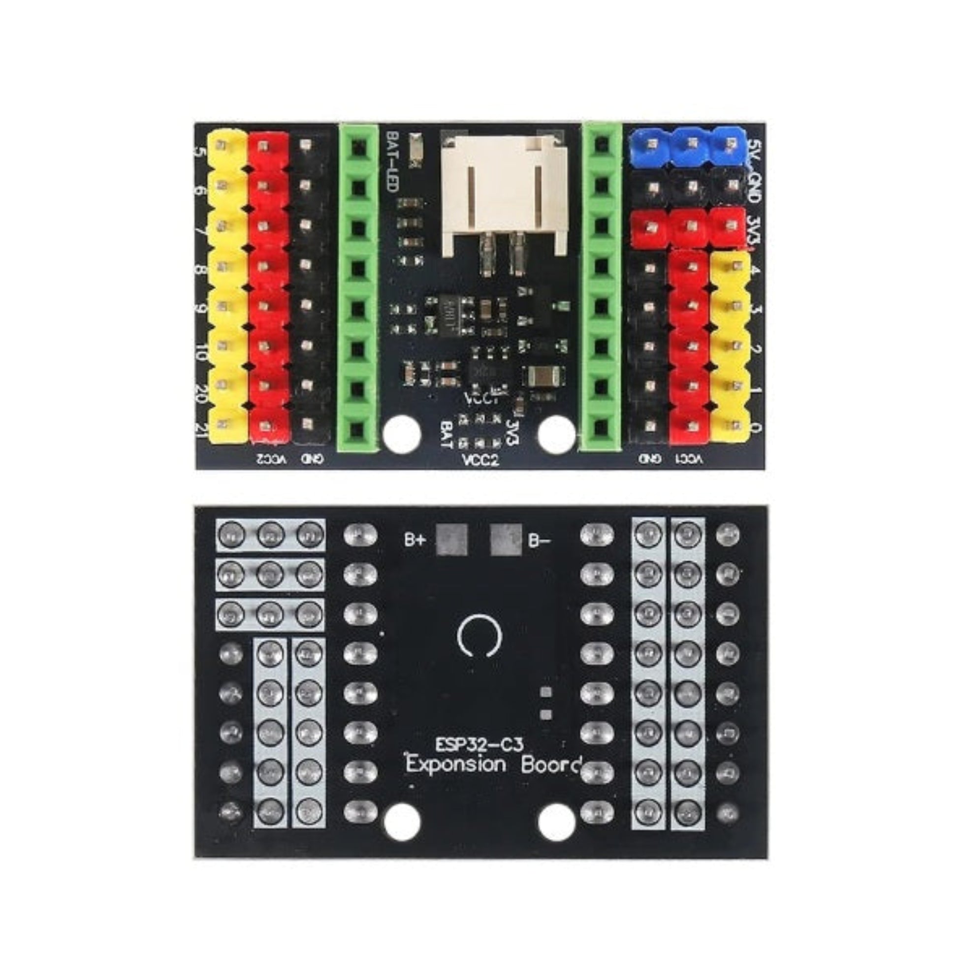ESP32-C3 物聯網開發板底部結構，焊點清晰專業。