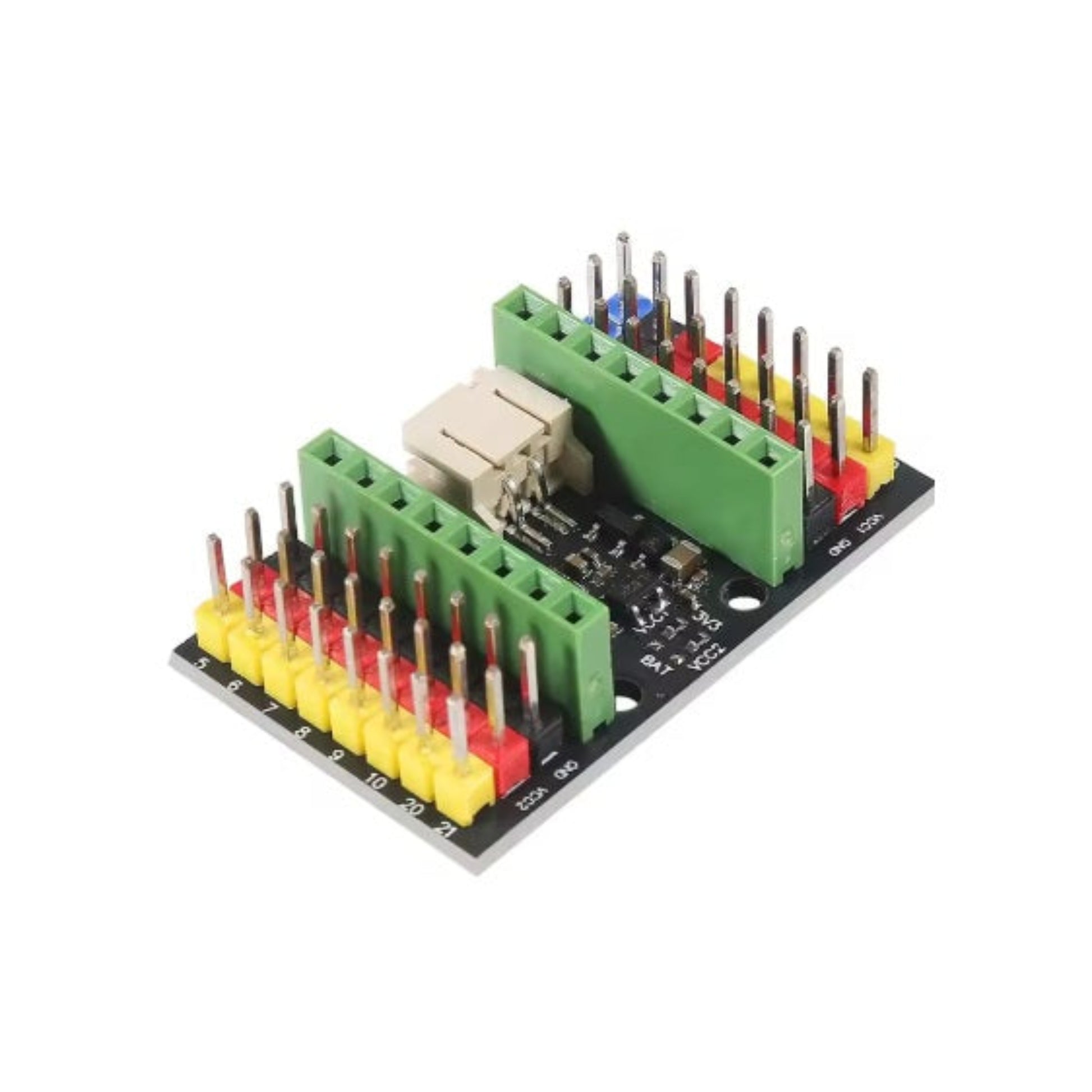 ESP32-C3 SuperMini 專用擴展底板正面，顯示標準 2.54mm 排針及狀態指示燈。