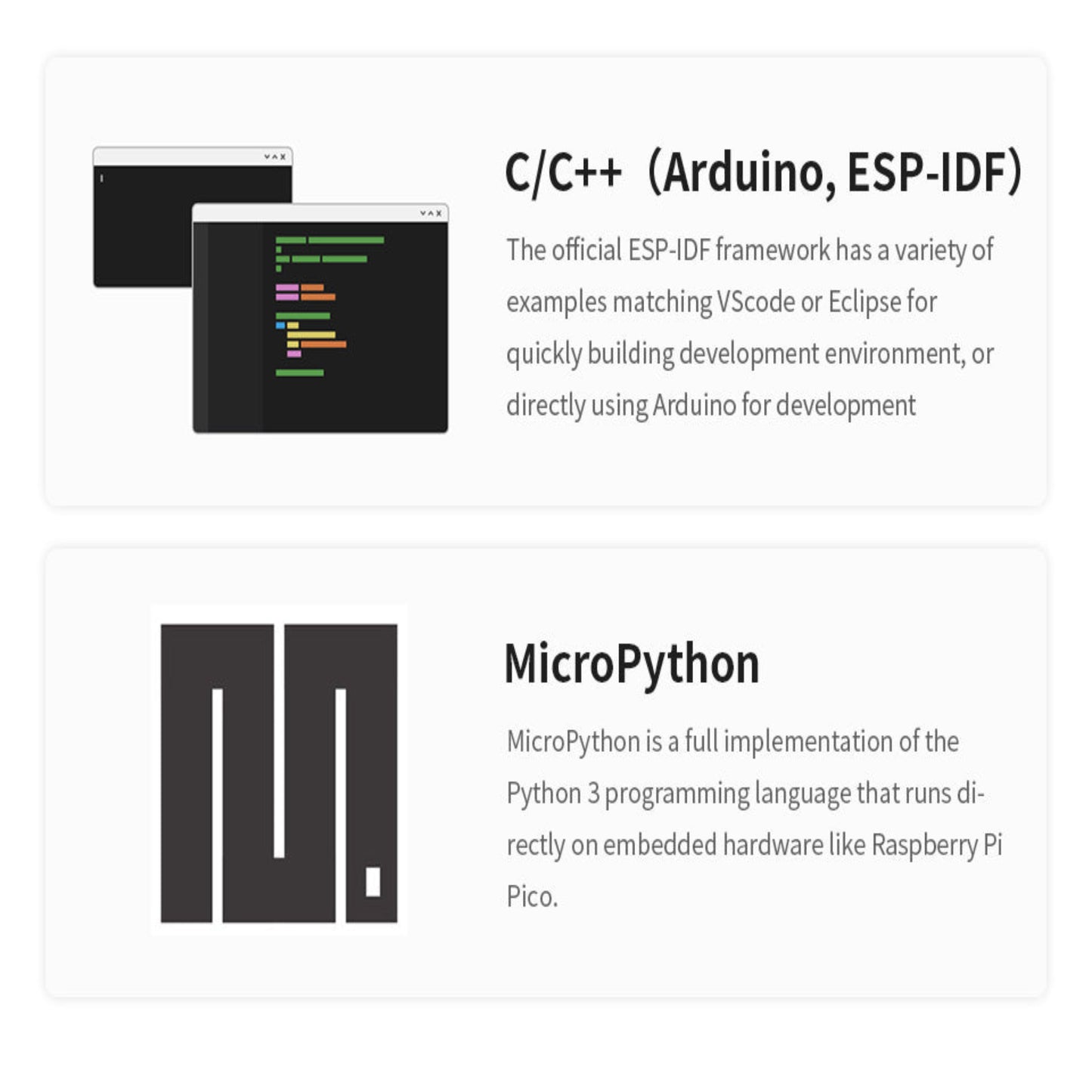 C/C++ and MicroPython programming environments for the ESP-IDF framework with coding examples.