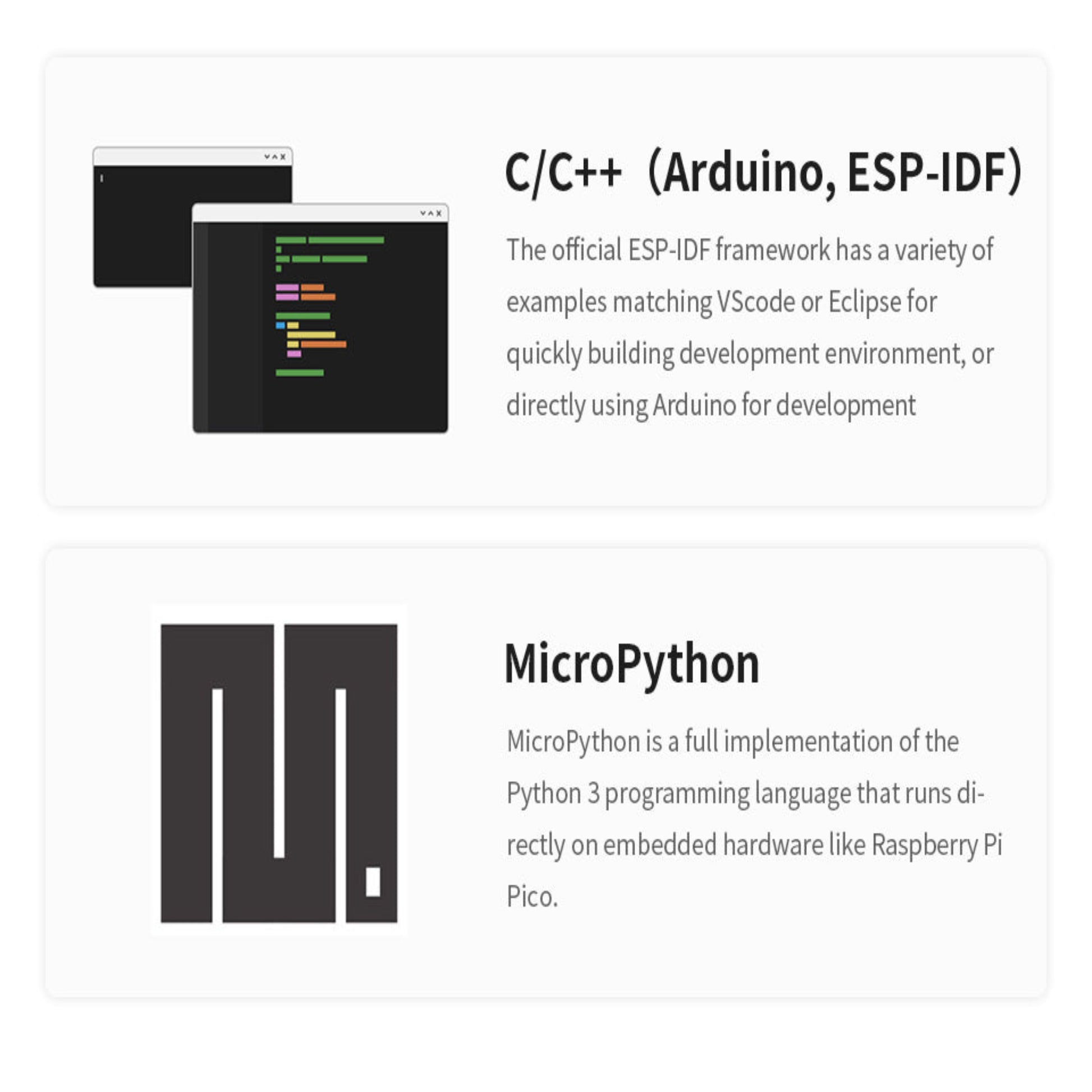 C/C++ and MicroPython programming environments for the ESP-IDF framework with coding examples.