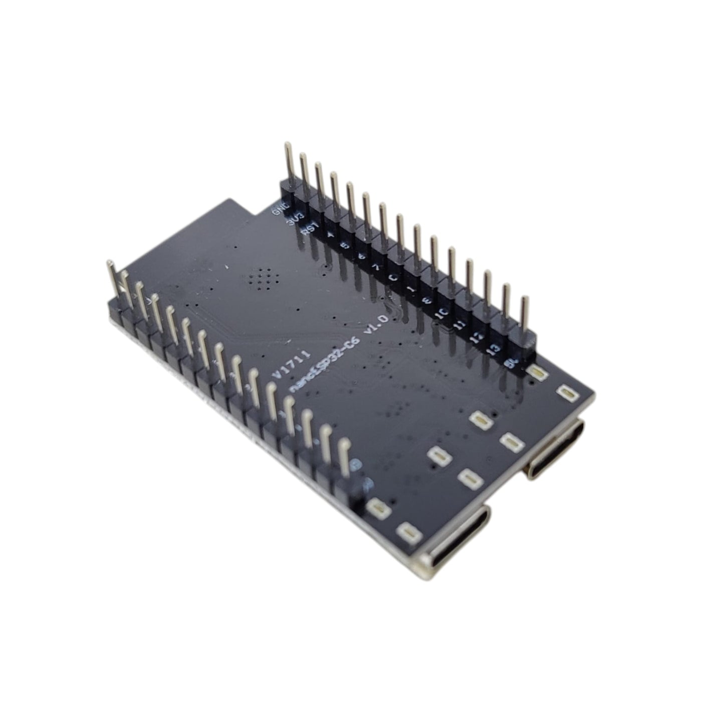 Bottom view of the ESP32 C6 board showing pre-soldered pins for easy breadboard use.