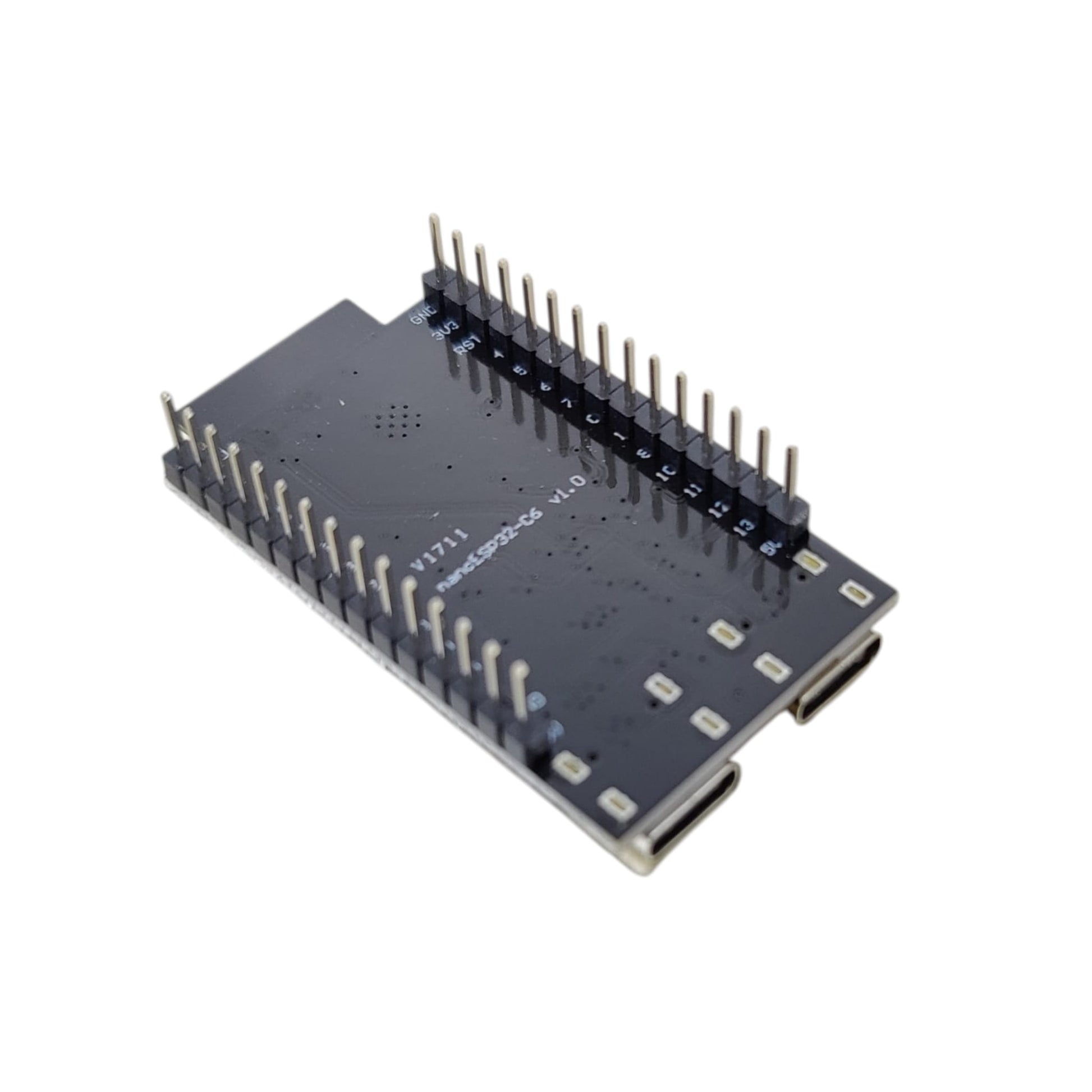 Bottom view of the ESP32 C6 board showing pre-soldered pins for easy breadboard use.