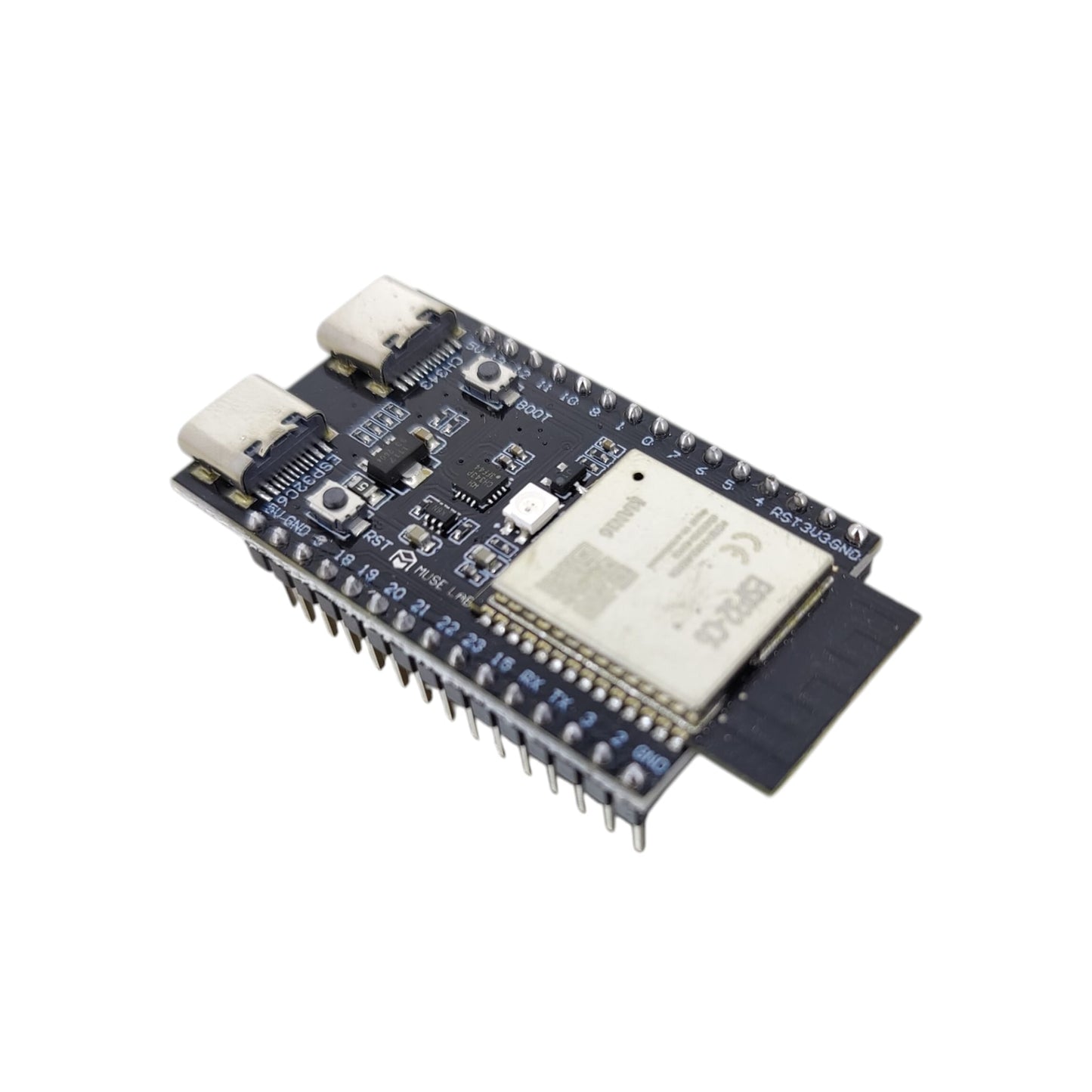 Angle view of the ESP32-C6-N16 development board showing the Wi-Fi 6 module and dual Type-C ports.