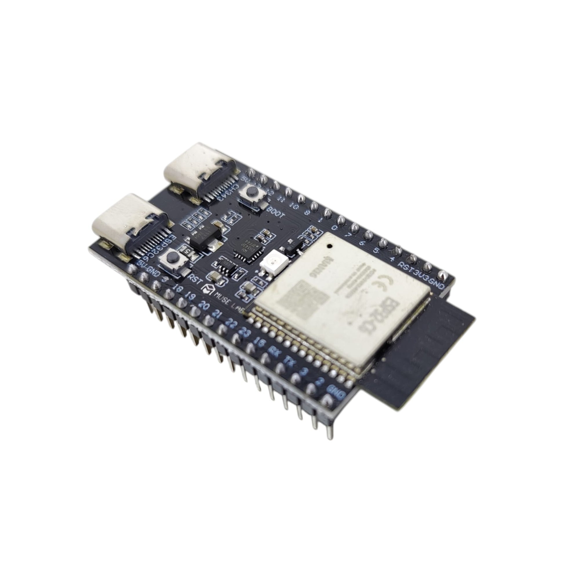 Angle view of the ESP32-C6-N16 development board showing the Wi-Fi 6 module and dual Type-C ports.