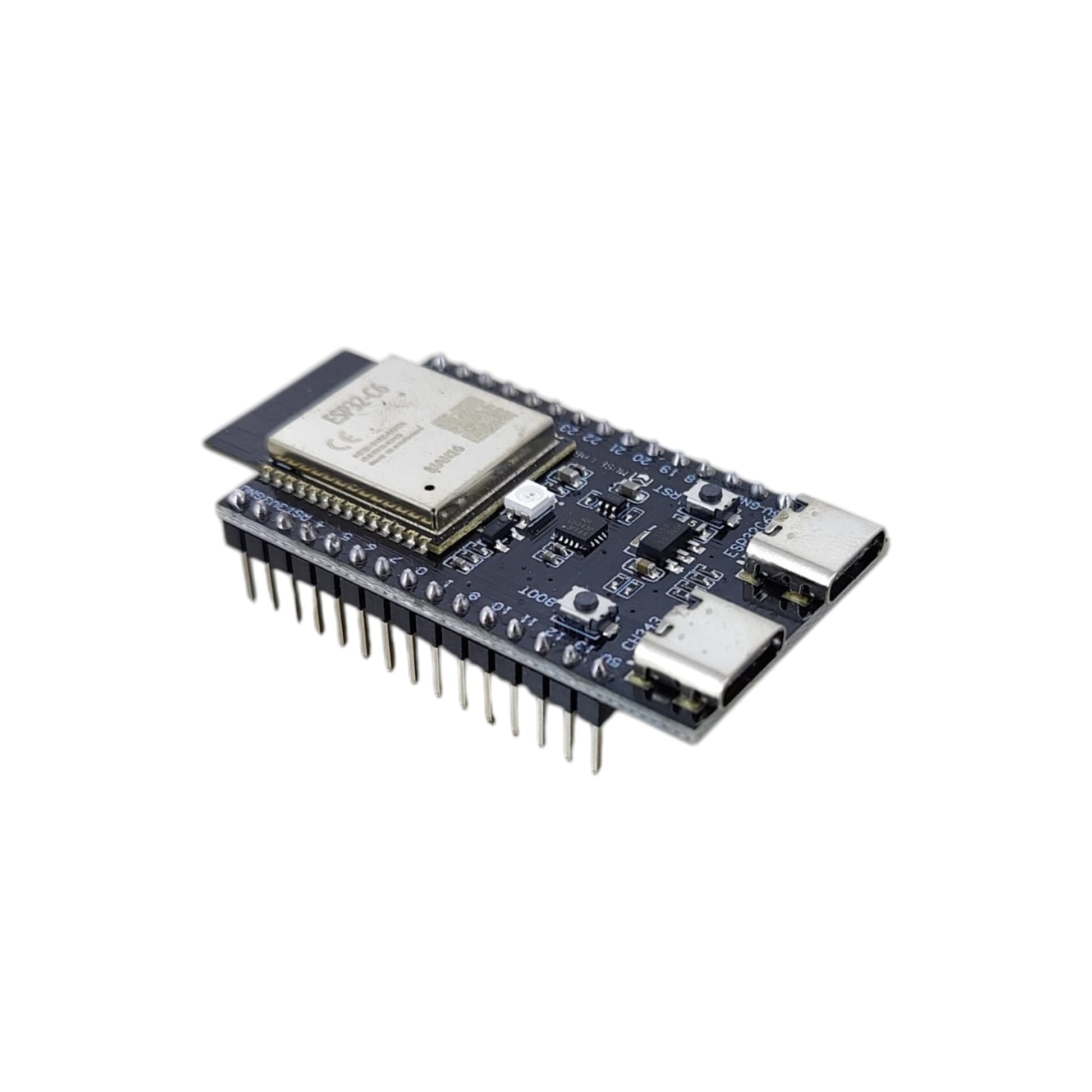 Top view of the ESP32-C6-N16 development board showing the Wi-Fi 6 module and dual Type-C ports.