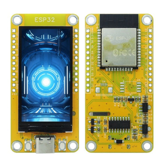 Front and back view of the ESP32 development board featuring a 1.9-inch color TFT display, USB-C port, and header pins.