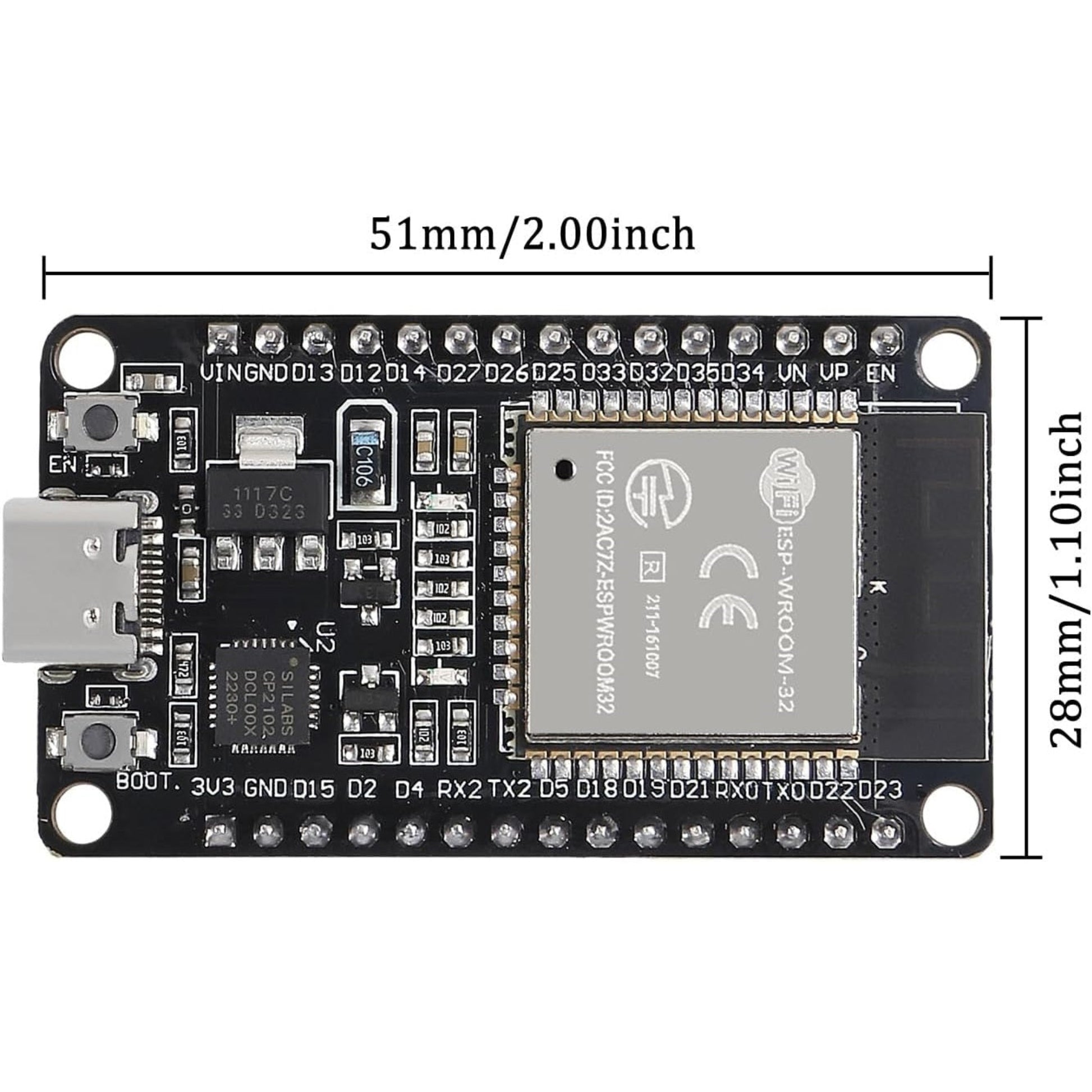 ESP32 development board with 30-pin layout and USB-C, featuring ESP-WROOM-32 chip for WiFi and Bluetooth connectivity.