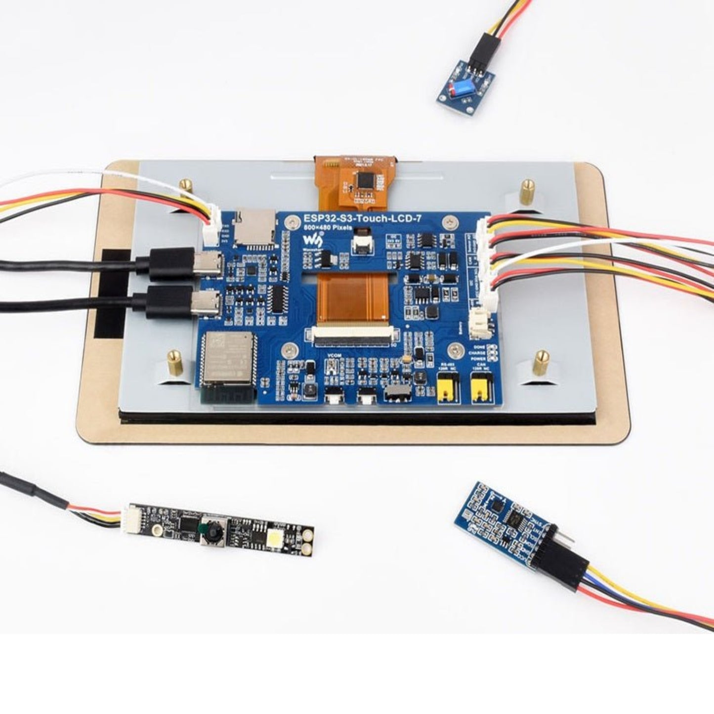 Waveshare ESP32-S3 Development Board with 7 inch Touch LCD and various connected modules.