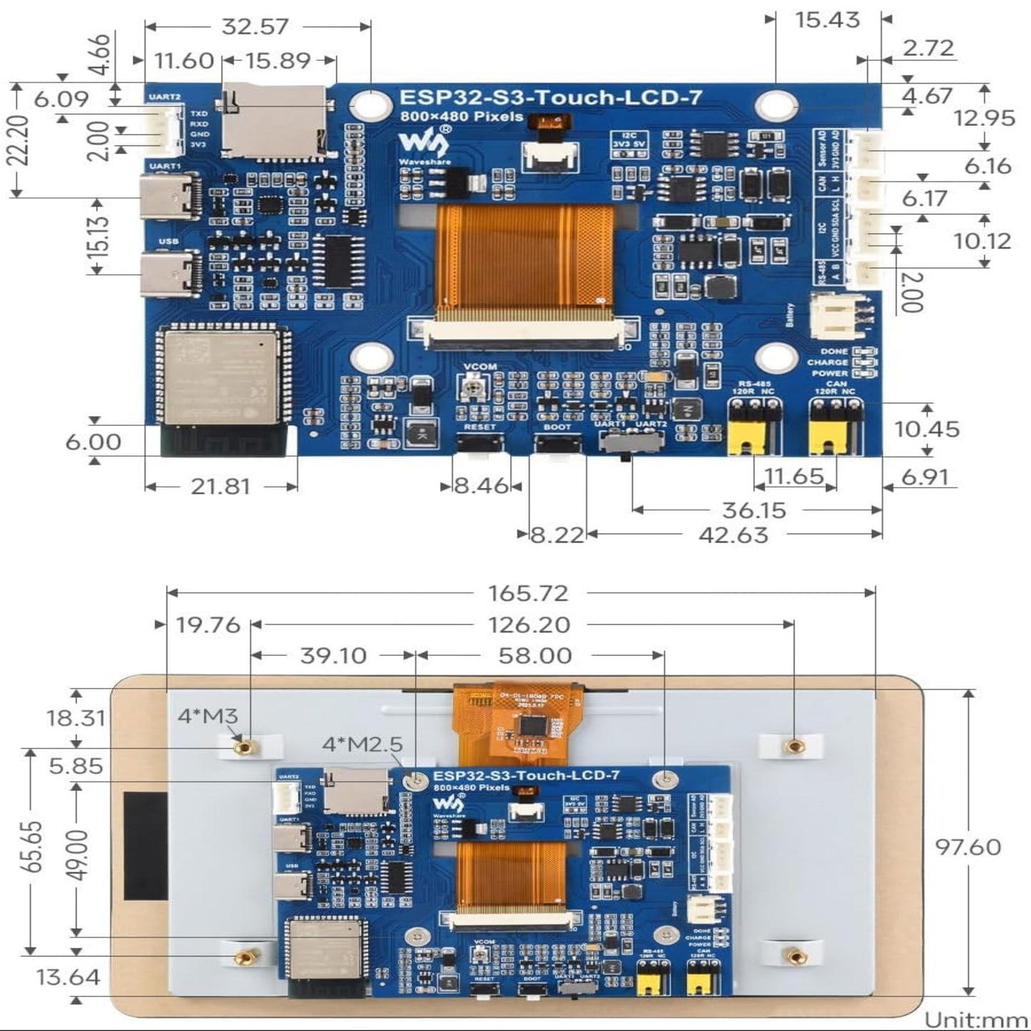 Outline dimensions of the ESP32-S3 development board with 7 inch capacitive touch LCD and detailed component layout.