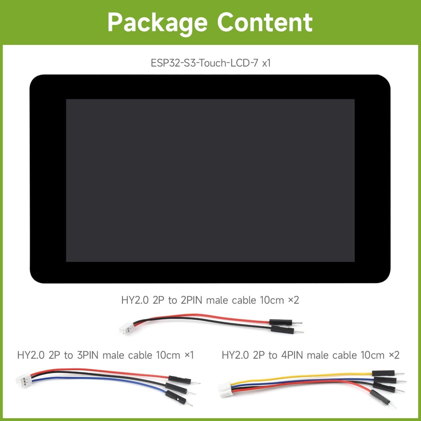 Package contents for ESP32-S3 Development Board, including a 7 inch touchscreen and various male cables.