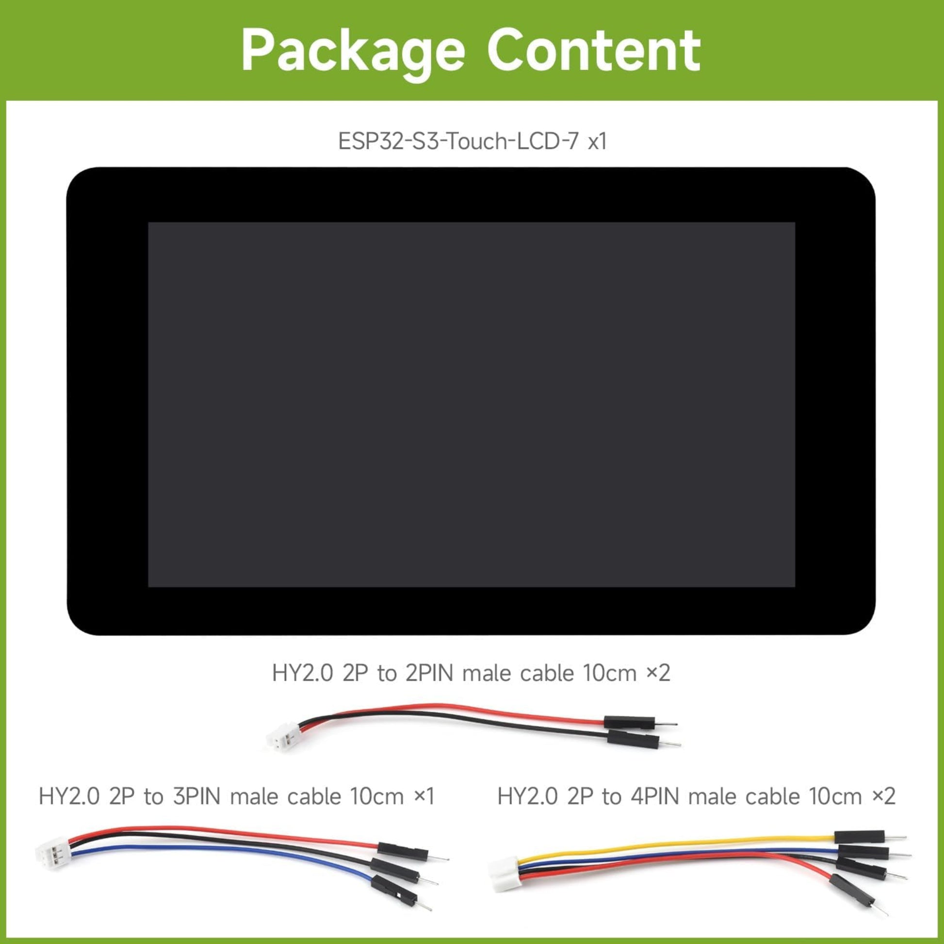 Package contents for ESP32-S3 Development Board, including a 7 inch touchscreen and various male cables.