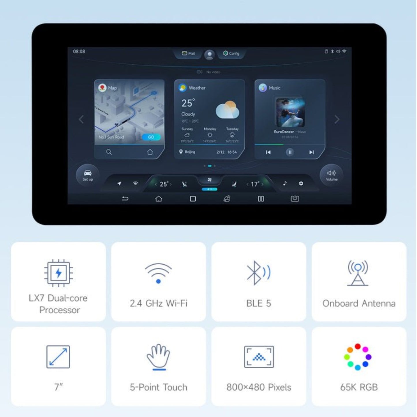 Waveshare ESP32-S3 7-Inch Touch LCD showing weather and music apps, featuring 5-point touch and 800x480 pixels.