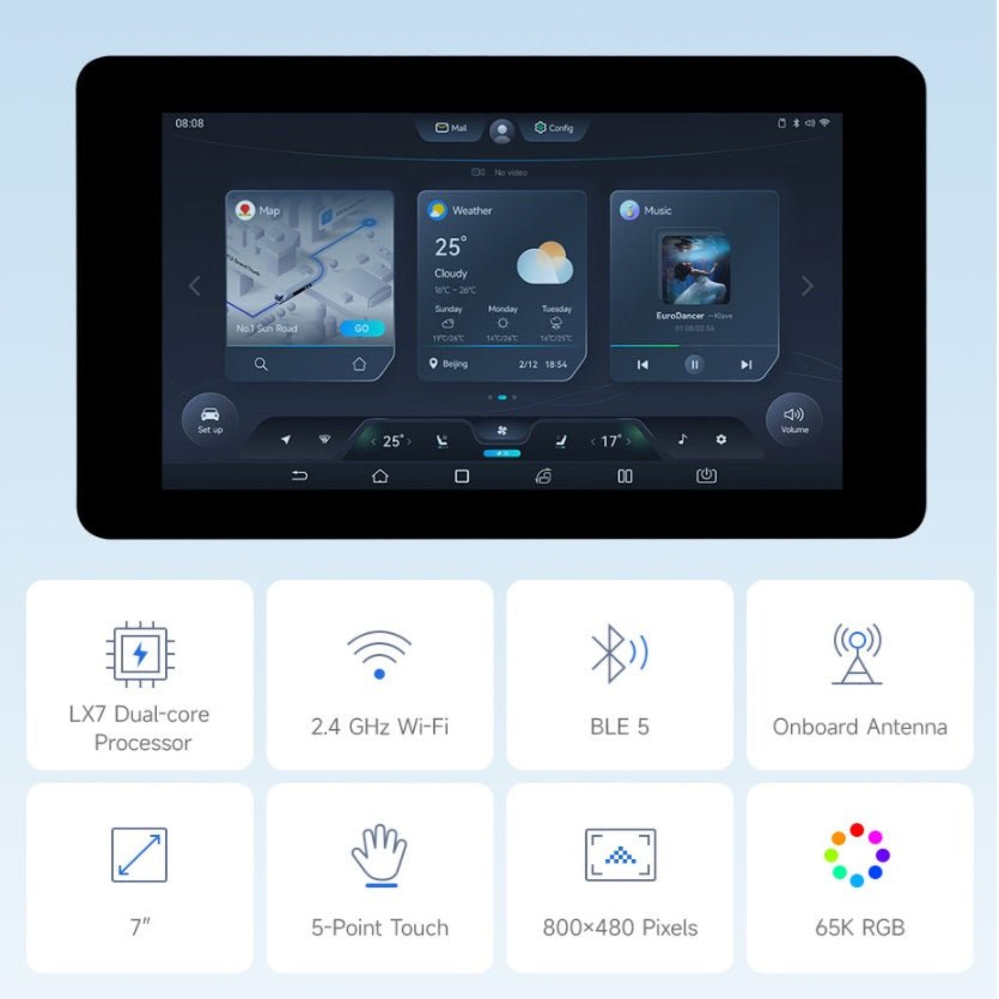 Waveshare ESP32-S3 7-Inch Touch LCD showing weather and music apps, featuring 5-point touch and 800x480 pixels.