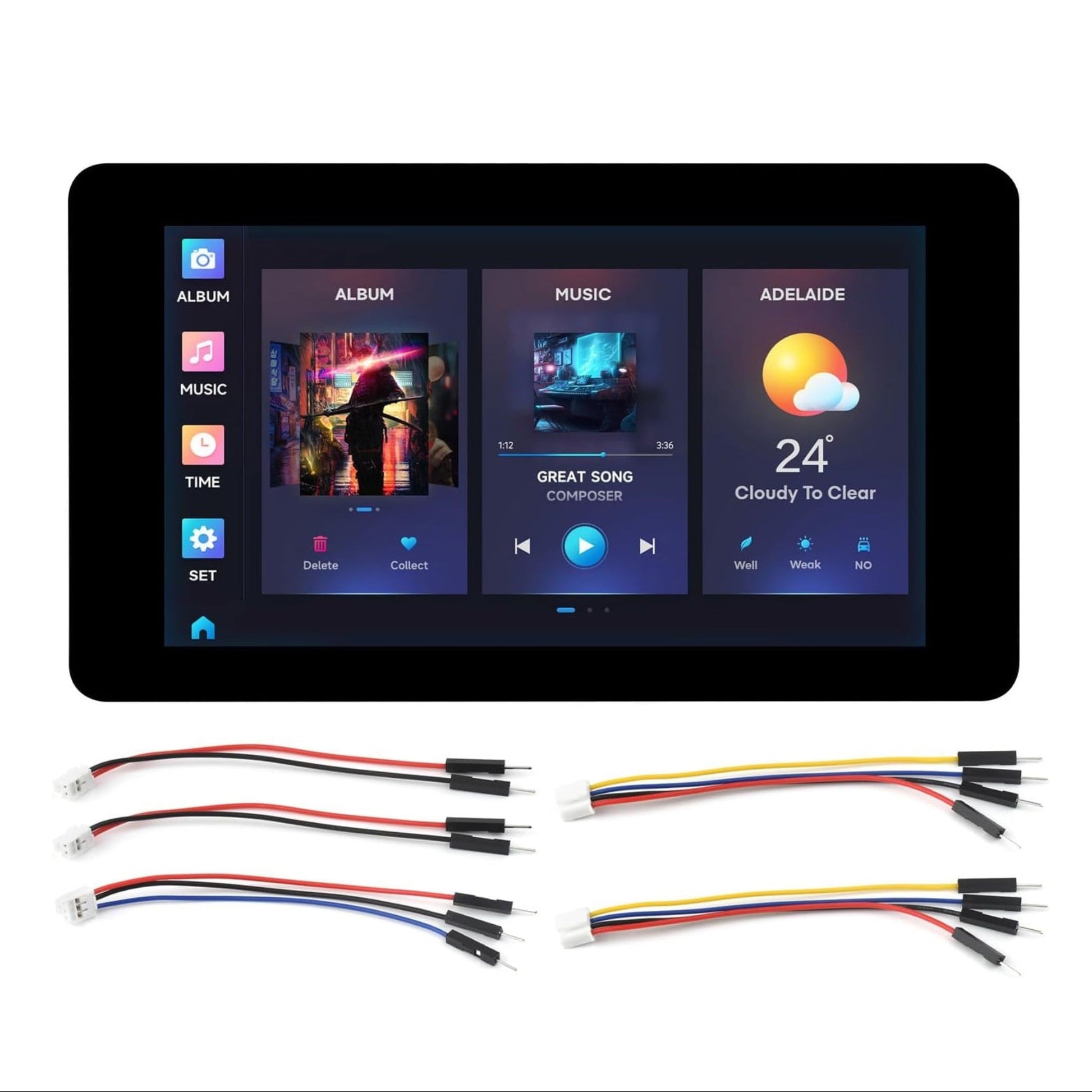 Waveshare ESP32-S3 7 inch touch screen LCD with GUI interface and connecting cables.