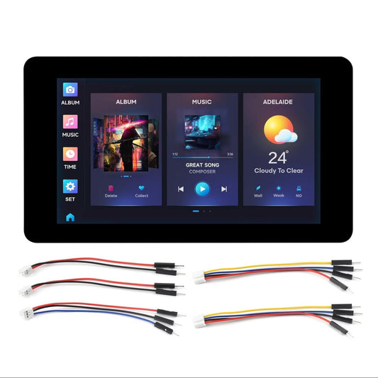 Waveshare ESP32-S3 7 inch touch screen LCD with GUI interface and connecting cables.