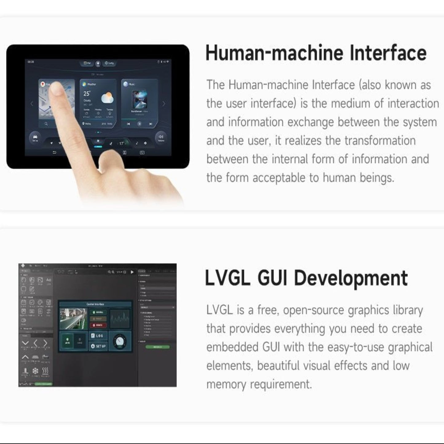 Human-machine interface with touch screen and LVGL GUI development platform information.