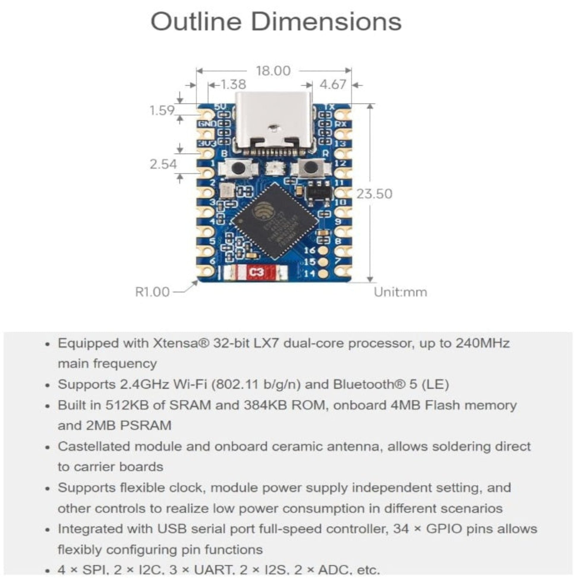 ESP32-S3-Zero 模組的精確尺寸與硬件規格說明。