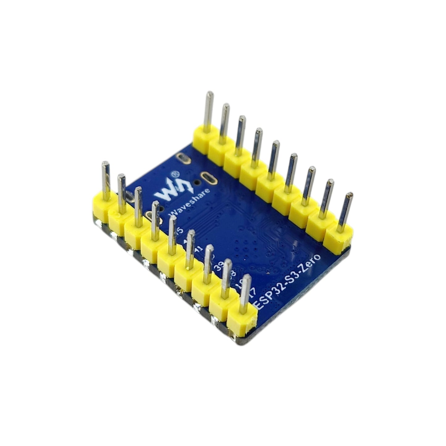 ESP32-S3-Zero-M 底部視角，突出適合麵包板使用的預焊排針設計。