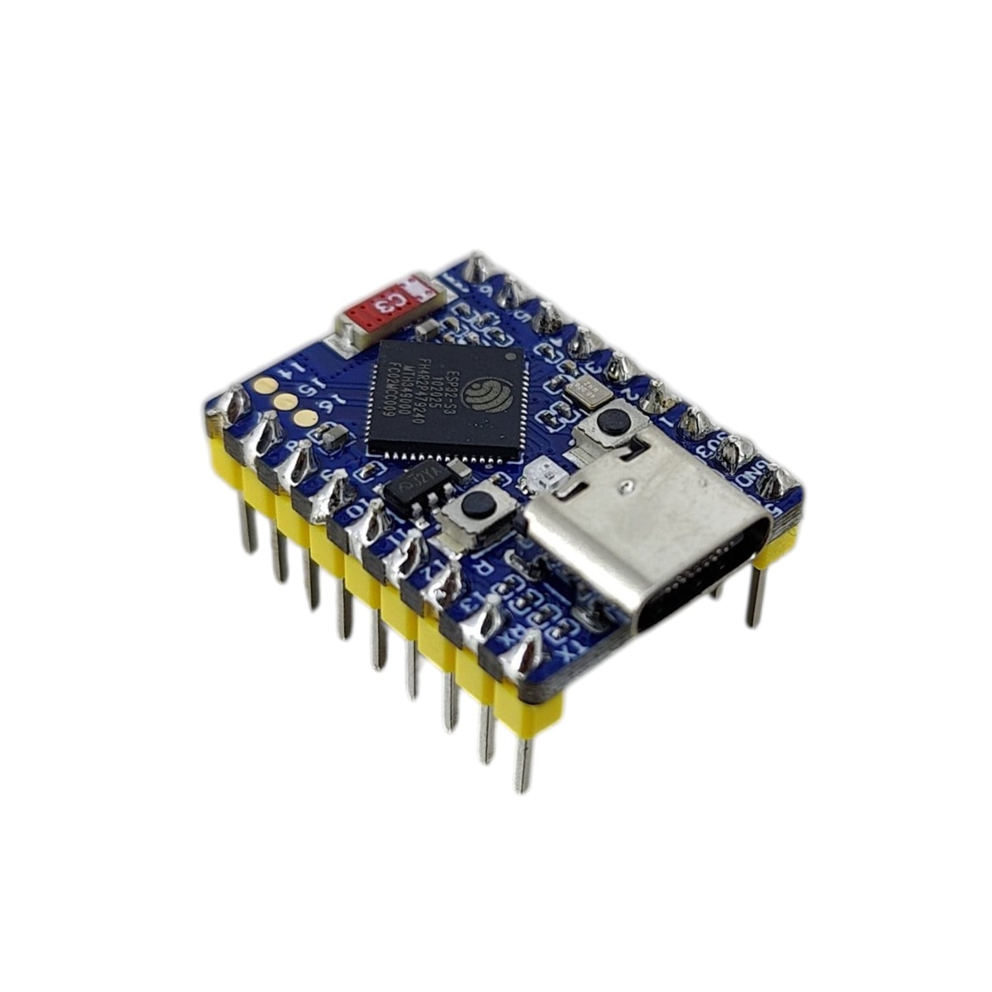 ESP32-S3-Zero-M 開發板正面視角，顯示 Type-C 接口及預焊排針。