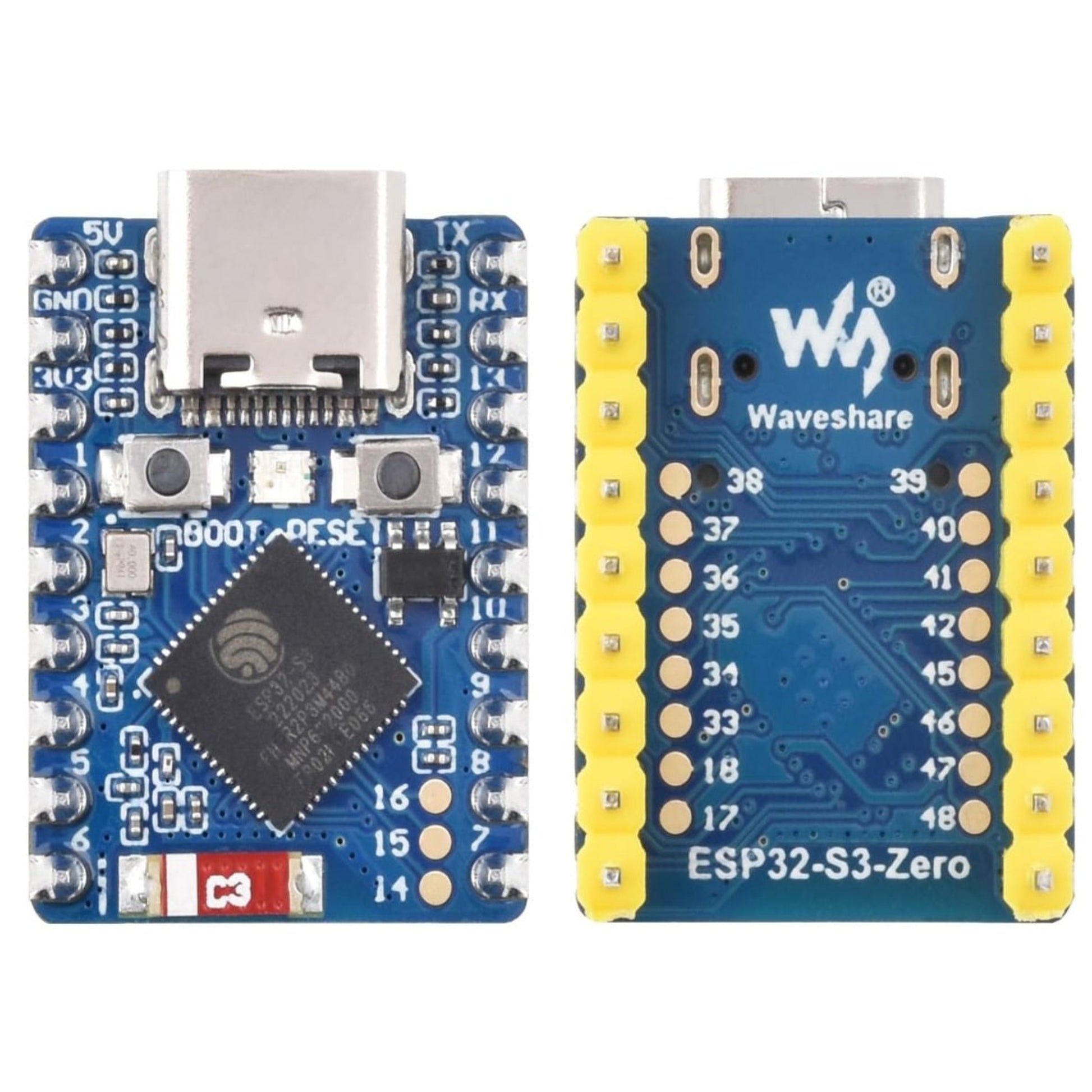 ESP32-S3-Zero 迷你微型控制器的正背面設計對比。