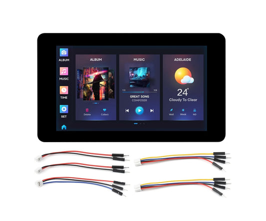 Waveshare ESP32-S3 7 inch touch screen LCD with GUI interface and connecting cables.