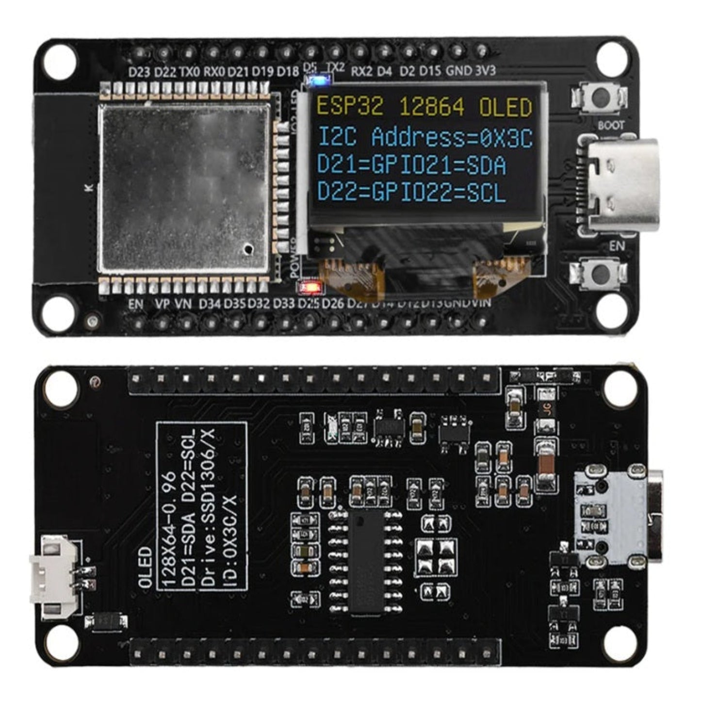 ESP32 WROOM-32D board with Type-C port powered on showing text on OLED screen.