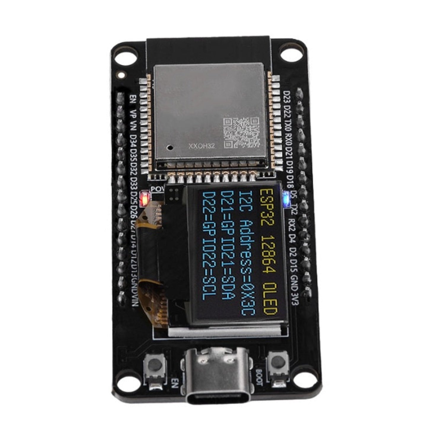 Top view of ESP32 Development Board with integrated OLED display and WiFi Bluetooth module.
