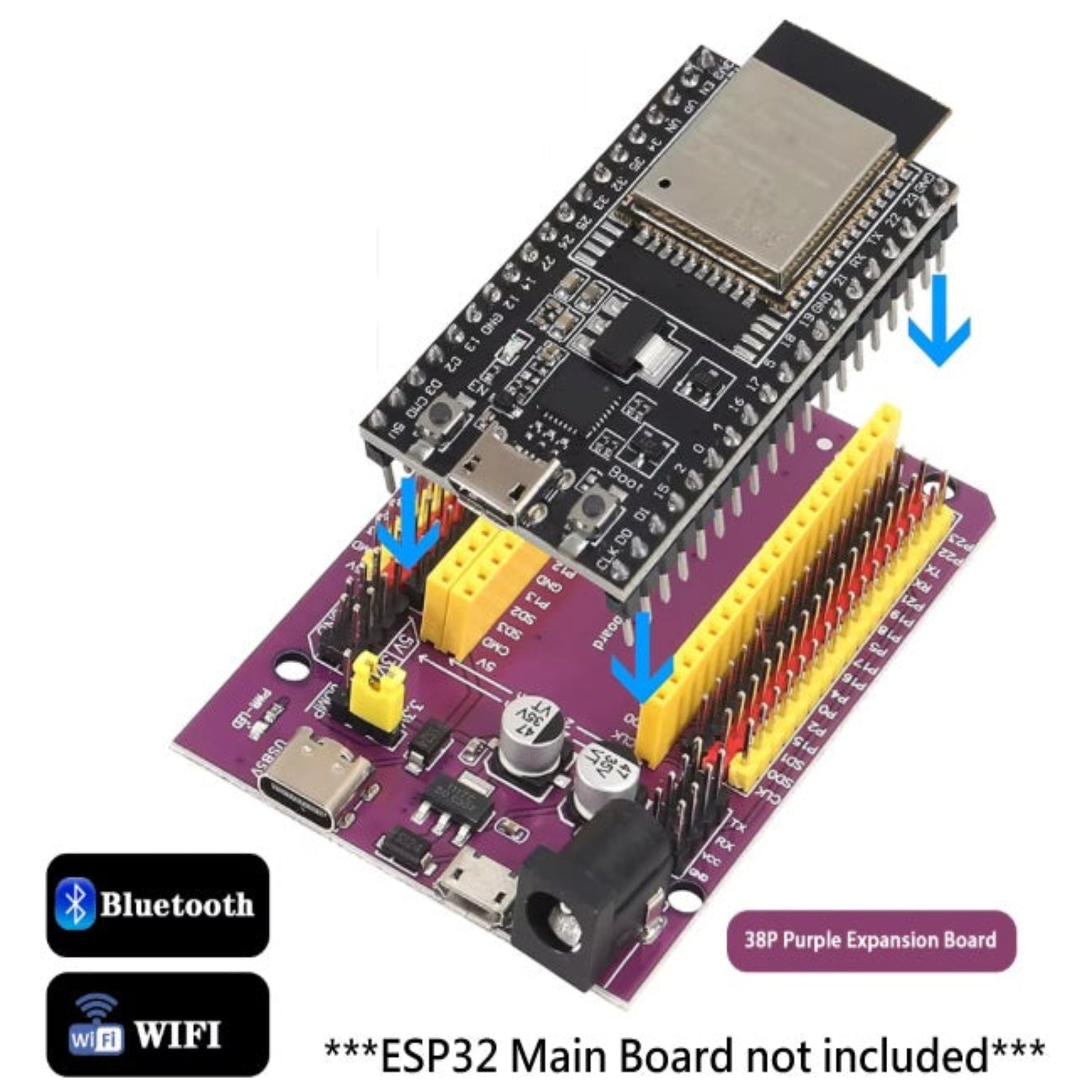 示範如何將 38 針 ESP32 開發板免焊接直接插入擴展板母座的安裝指南圖。