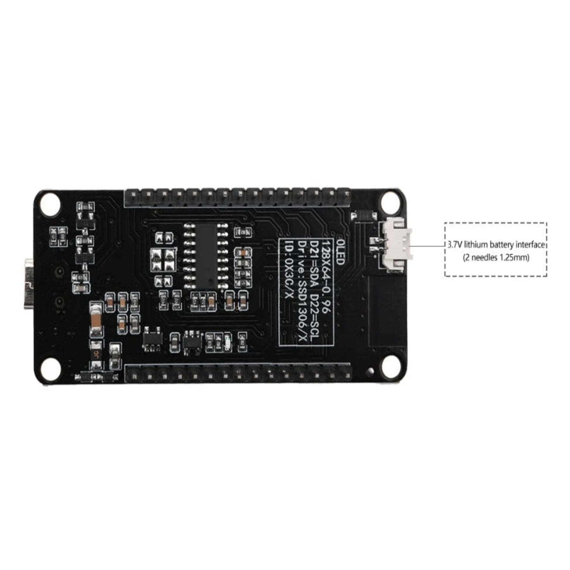 Back view of ESP32 board showing 3.7V lithium battery interface and SSD1306 driver info.
