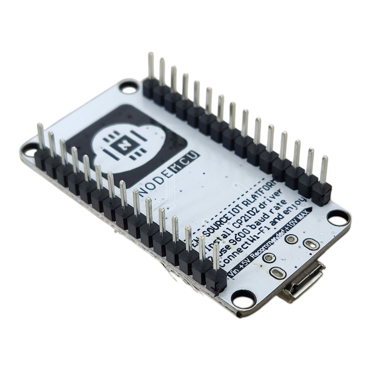 Bottom PCB view of the NodeMCU showing the open-source hardware logo and pinout labels.